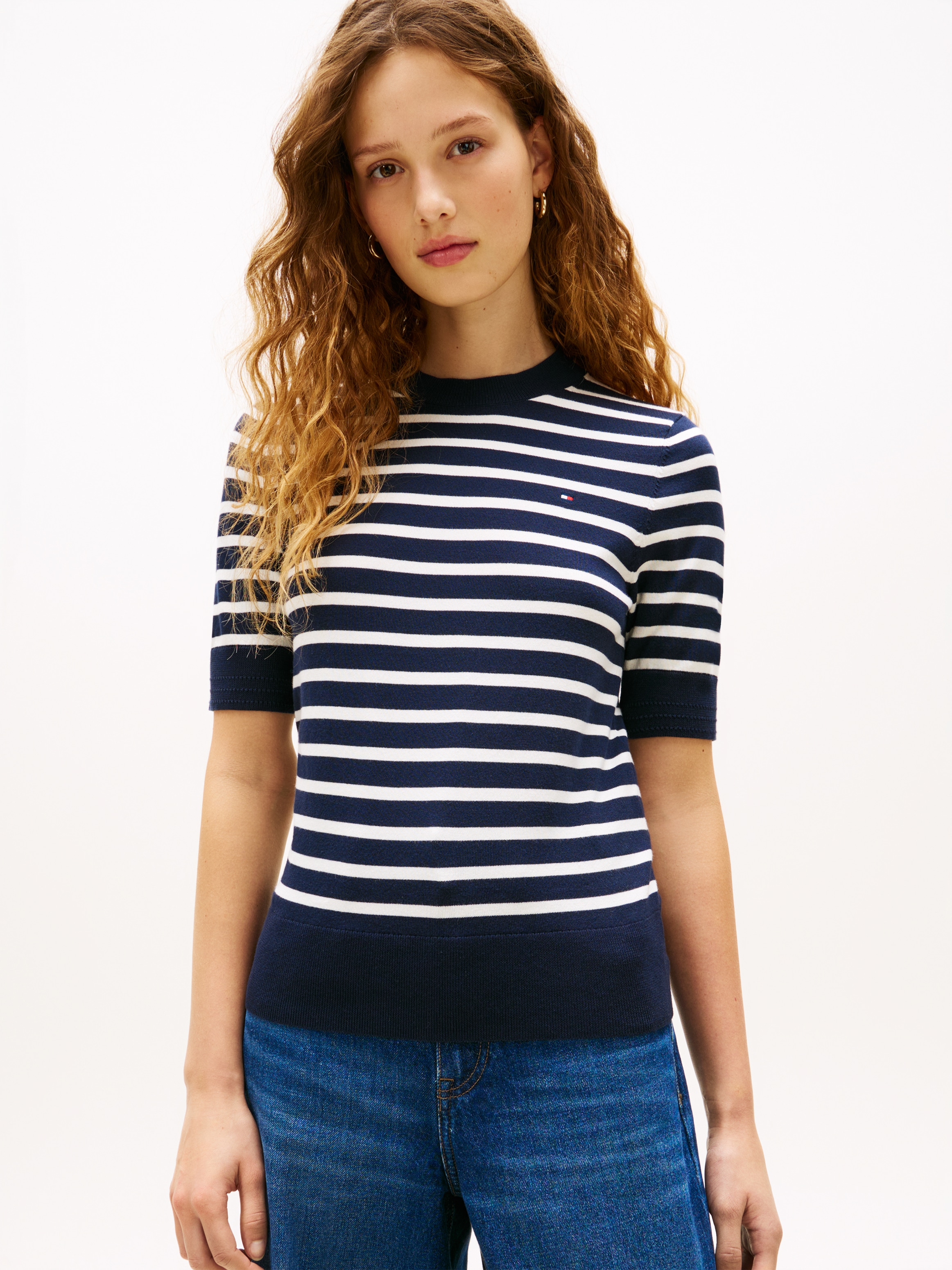 Tommy Hilfiger Kurzarmpullover »CO JERSEY FINE GG C-NK SS SWT« Baumwollmischung, Regular Fit