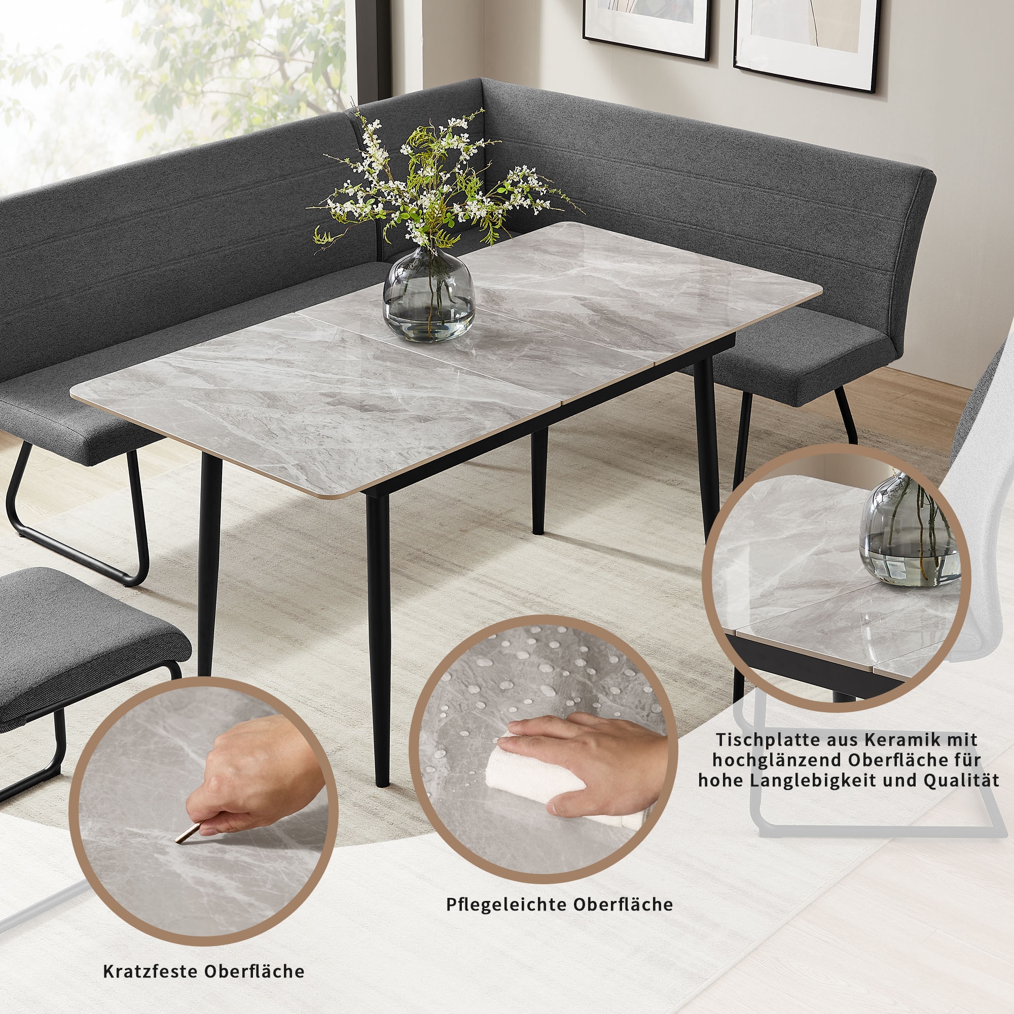 OTTO home Eckbankgruppe »Stevian« Set, 1 ausziehbarer Esstisch + 1 Eckbank Recamiere links + 2 Stühle, 4 Stk. tlg. Holz, Strukturstoffbezug, Freischwingerstühle, gesteppten Bänken