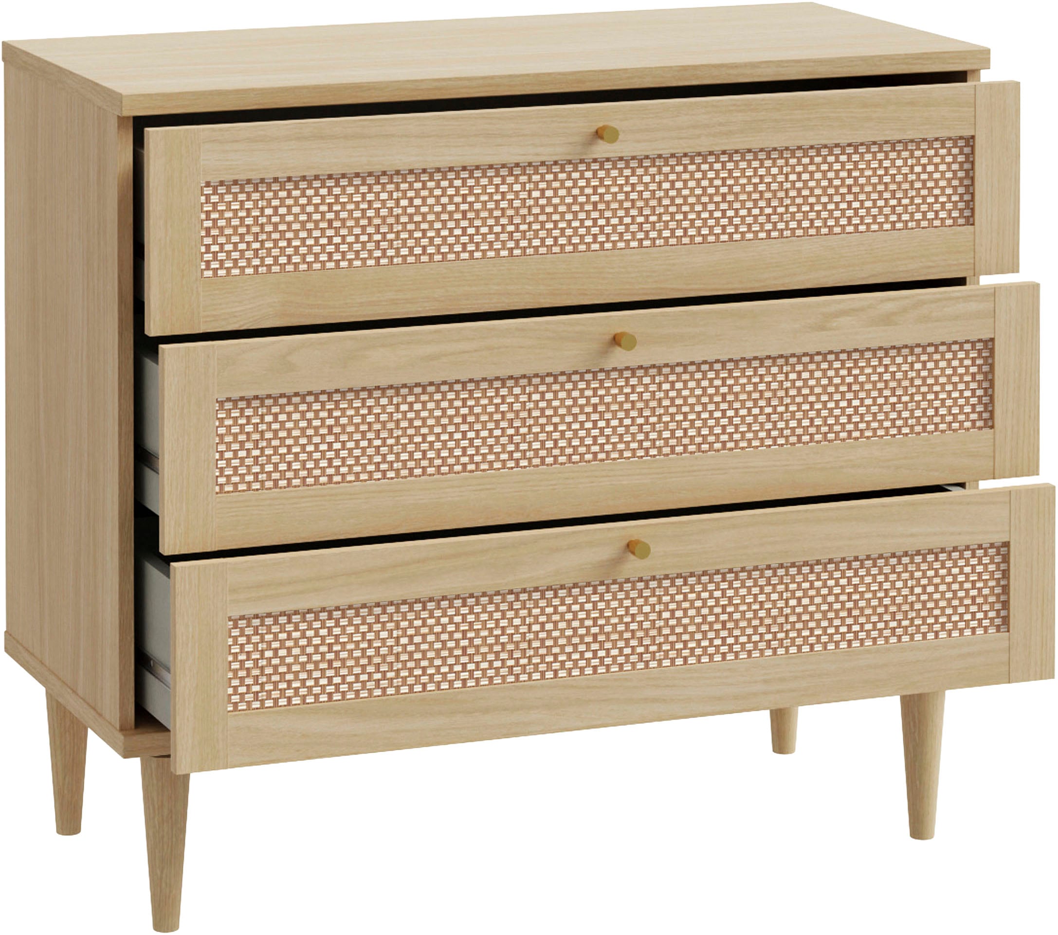 OTTO home Kommode »ELLIAN mit Geflechtoptik warmes Holzdekor, 3 Schubkästen« Holzfüße, Metallgriffe, Made in EU, viel Stauraum