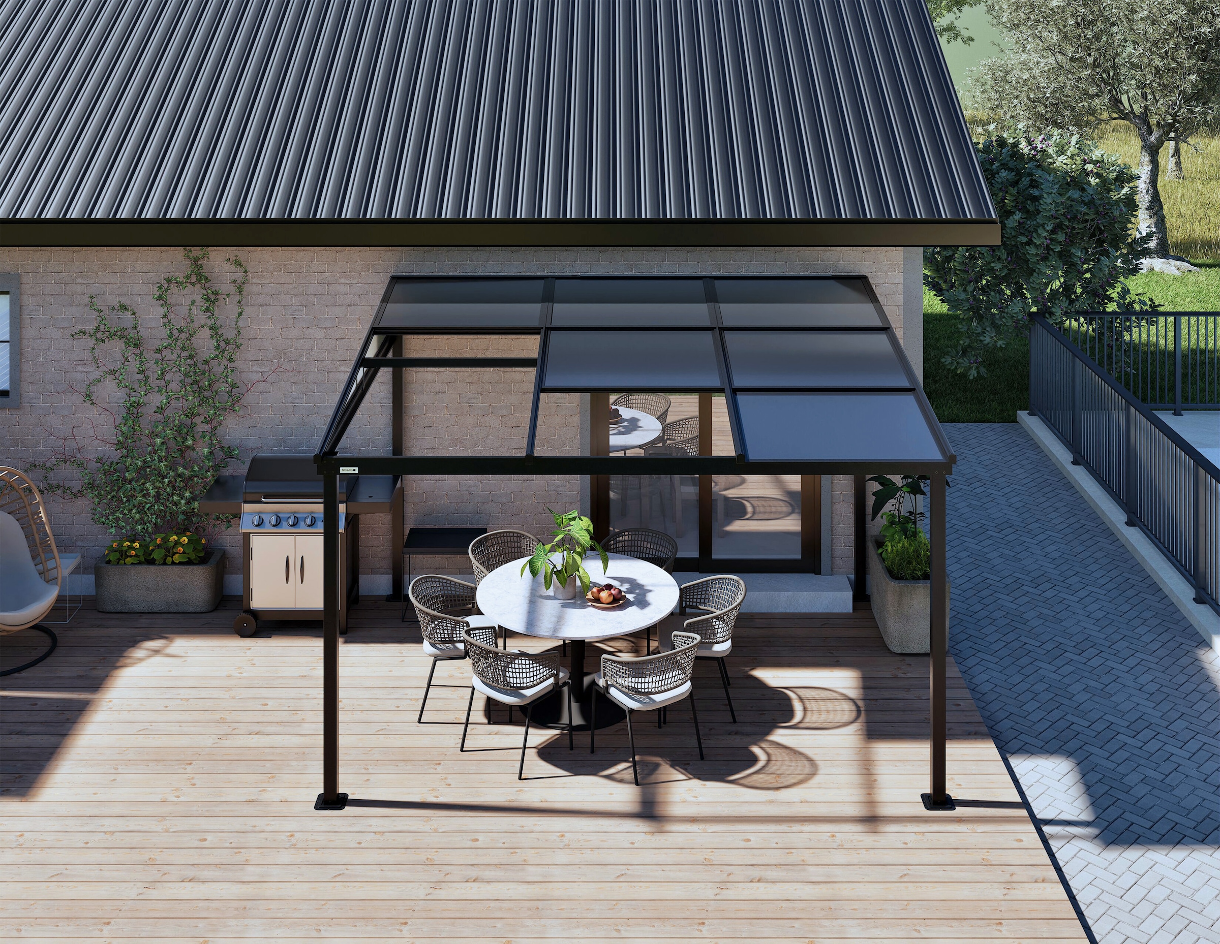 Sojag Terrassendach »Terrassenüberdachung Budavar Schwarz« Inkl. Moskitonetzen & Vorhängen