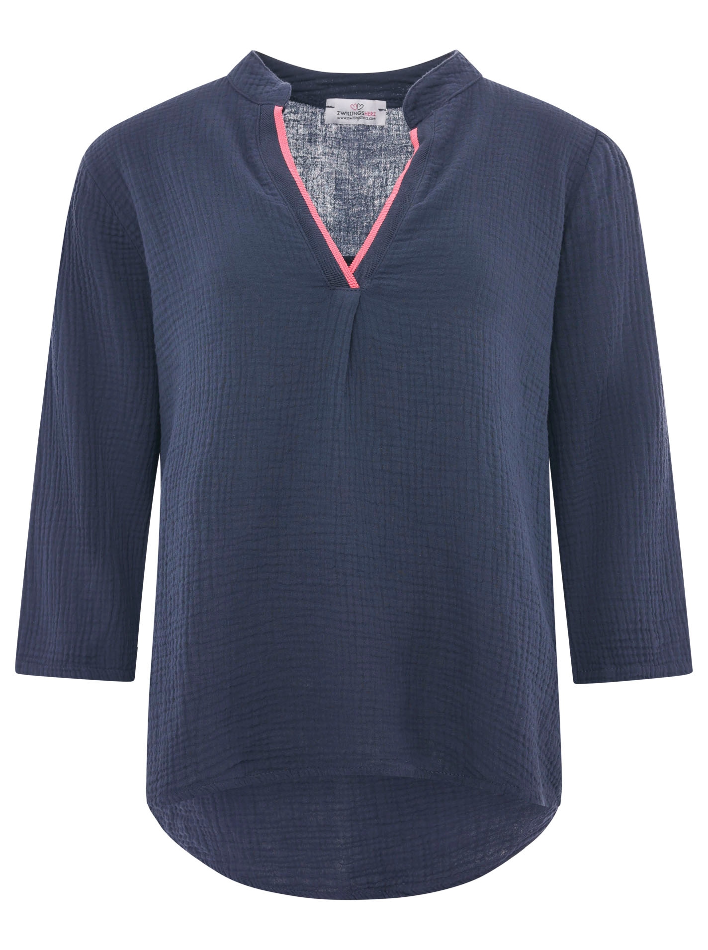 Zwillingsherz Schlupfbluse »"Neon Kante"« Musselin, eingefasster V-Neck in Neon, 3/4 Arm, hinten leicht länger