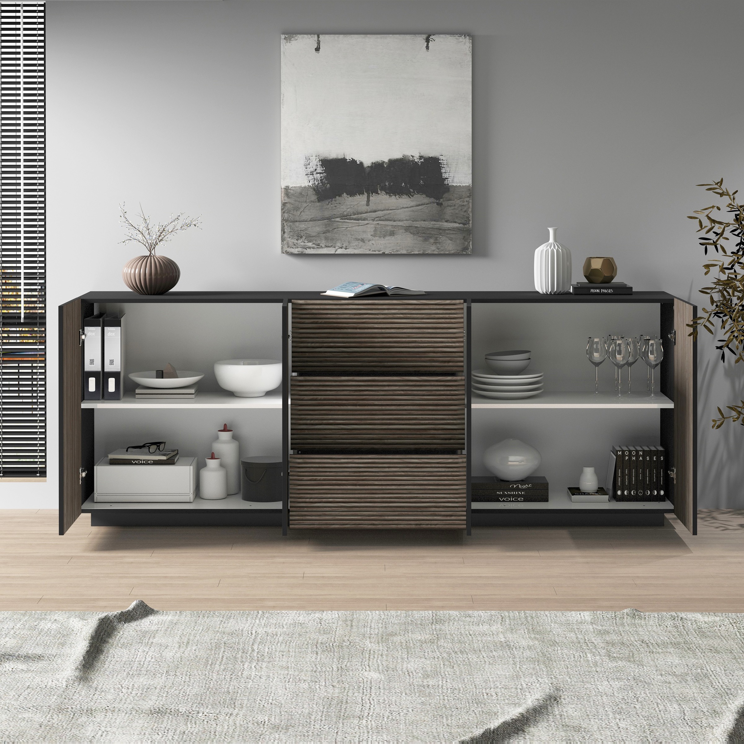 Home affaire Sideboard »Vega Sideboard,Kommode,220 cm« mit 4 Türen und 3 Schubladen,Fronten mit Rillen-Optik