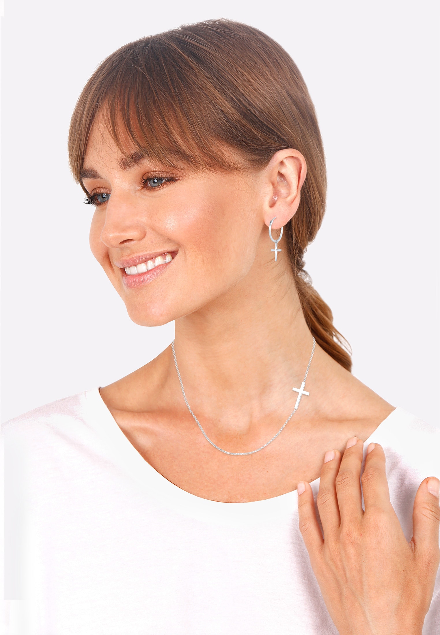 Elli Ohrring und Ketten Set »Schmuckset Kette Creolen Ohrringe Kreuz Religion 925 Silber«