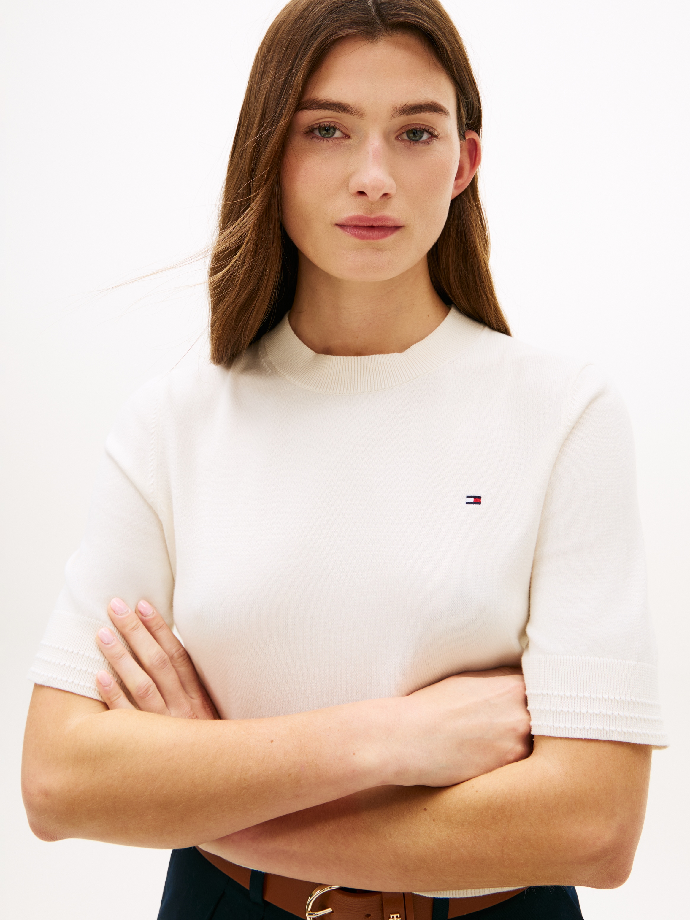 Tommy Hilfiger Kurzarmpullover »CO JERSEY FINE GG C-NK SS SWT« Baumwollmischung, Regular Fit