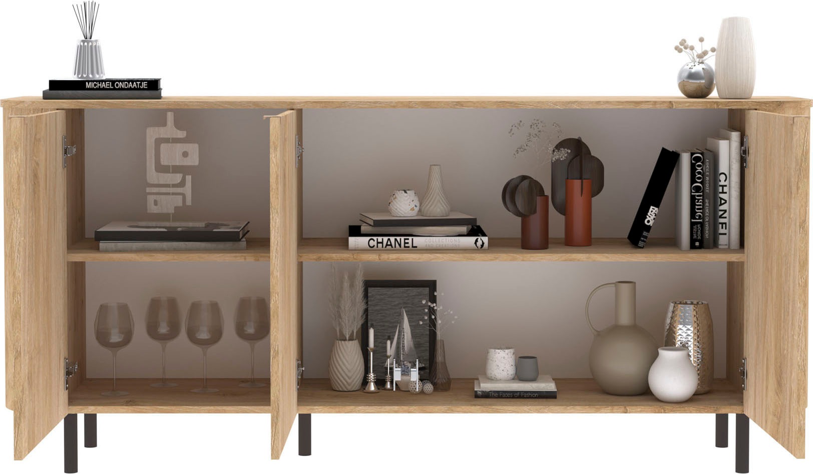 Home affaire Sideboard »Murano, 181 cm breit, 3 Türen, Anrichte, Kommode, Stauraumschrank« Formgebogenes MDF, Stirnseiten mit Rundung, Füße und Griffe aus Metall