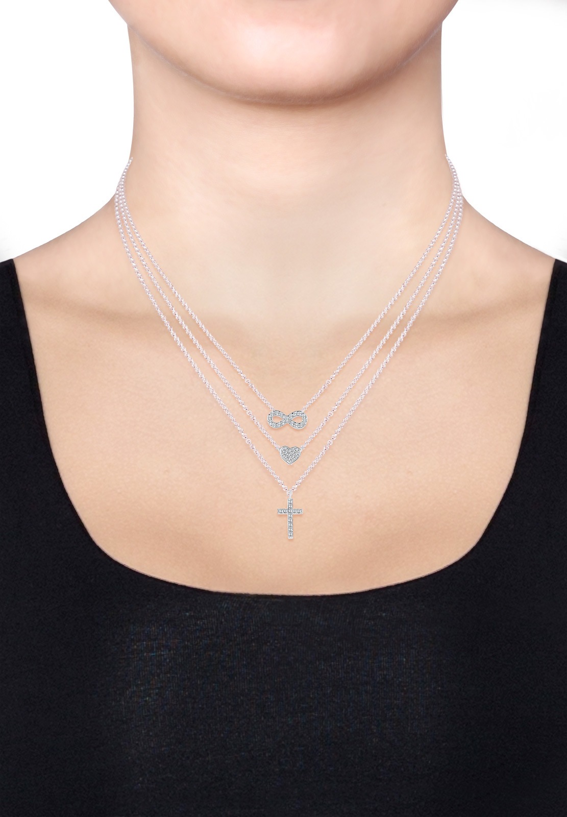 Elli Silberkette »Halskette Layer Kreuz Infinity Herz Glas Kristalle Weiß 925 Sterling Silber«