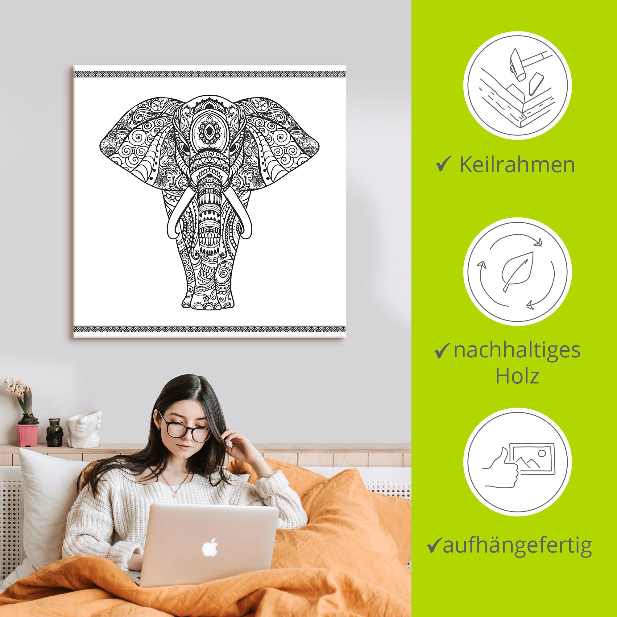 Artland Wandbild »Elefant in Mandala«, Wildtiere, (1 St.), als Leinwandbild, Poster, Wandaufkleber in verschied. Größen