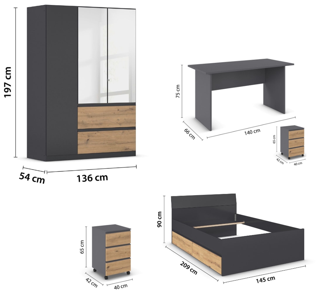 rauch Jugendzimmer-Set »Komplettzimmer Schlafzimmer-Set (5-St.) Jugendzimmer-Set JOEL« Set, 5 Stk. tlg. Bett 2 Breiten,Nachttisch,Tisch,Rollcontainer,Schrank MADE IN GERMANY