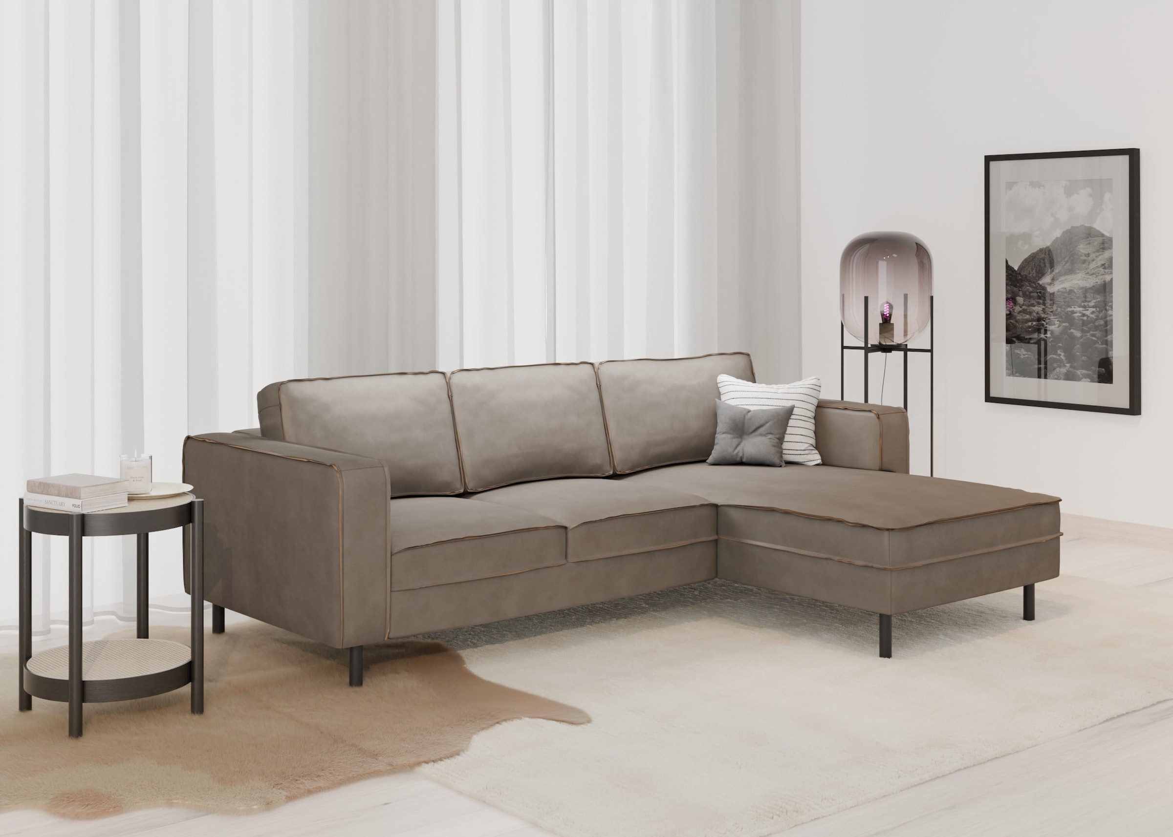 Places of Style Ecksofa »Watkins, wahlweise mit Schlaffunktion/Bettkasten, moderne offene Naht«, Recamiere beidseitig montierbar, L-Form, Breite 232 cm