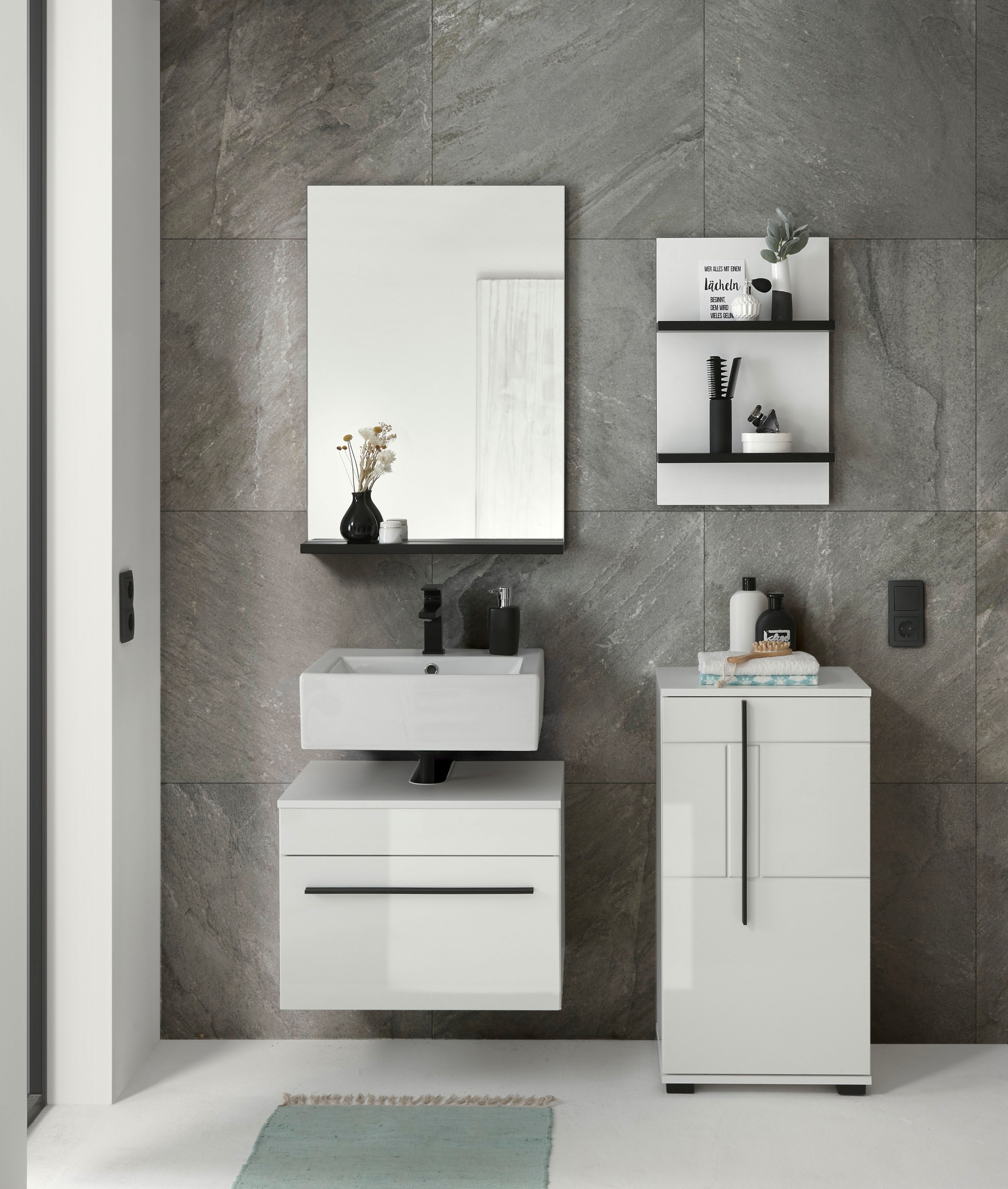 INOSIGN Badmöbel-Set »Cantara, Bad im modernen Design, 4-teiliges Badezimmer«, (Set, 4 St.), Unterschrank, Schrank, Hängeregal und Spiegel, in Weiß Hochglanz