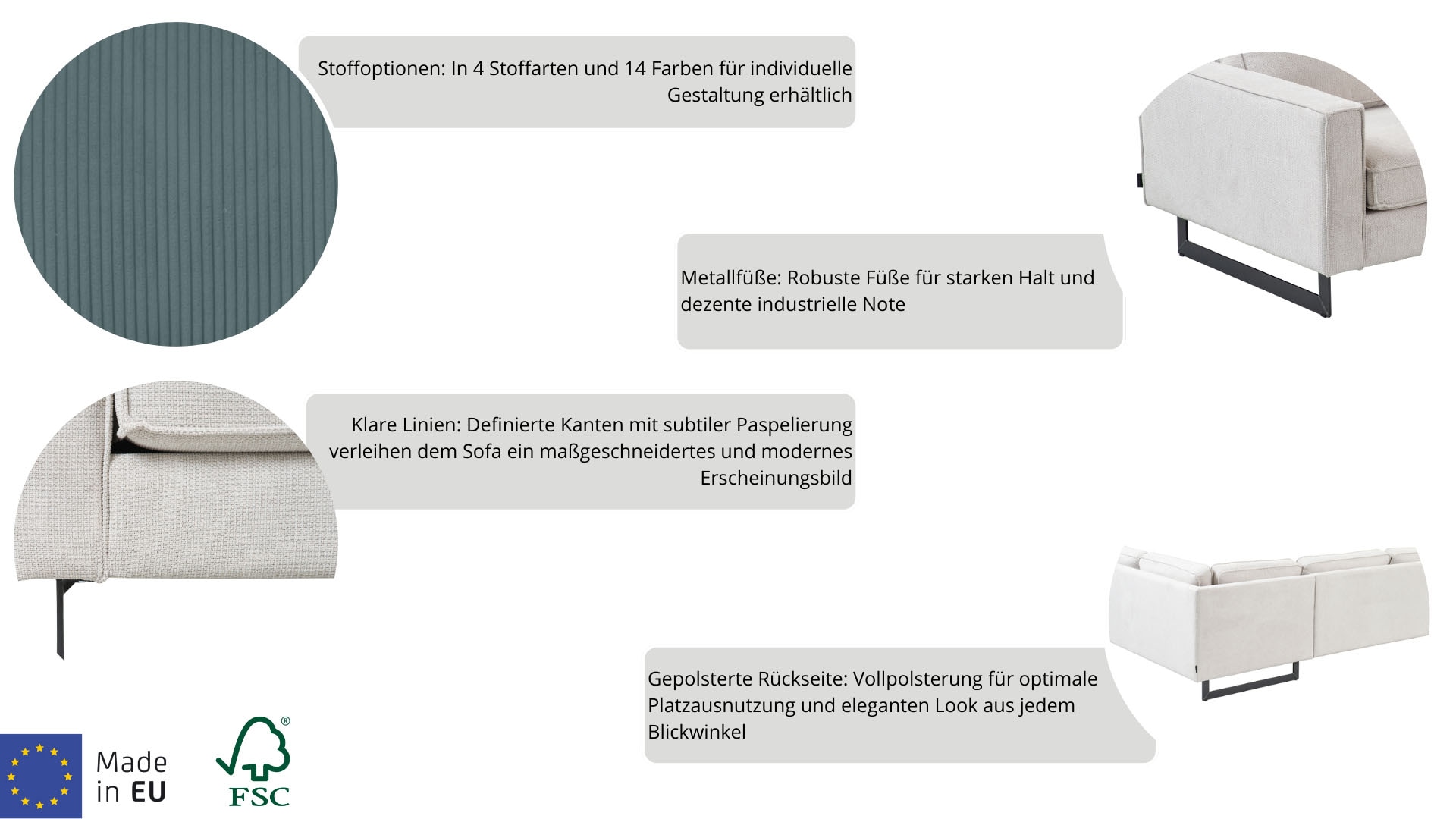 Home affaire Wohnlandschaft »Pinto, 350 cm, U-Form, XXL, mit Ottomanen« Cord, Chenille, Lederoptik, mit Keder, Metallfüße, Wellenunterfederung