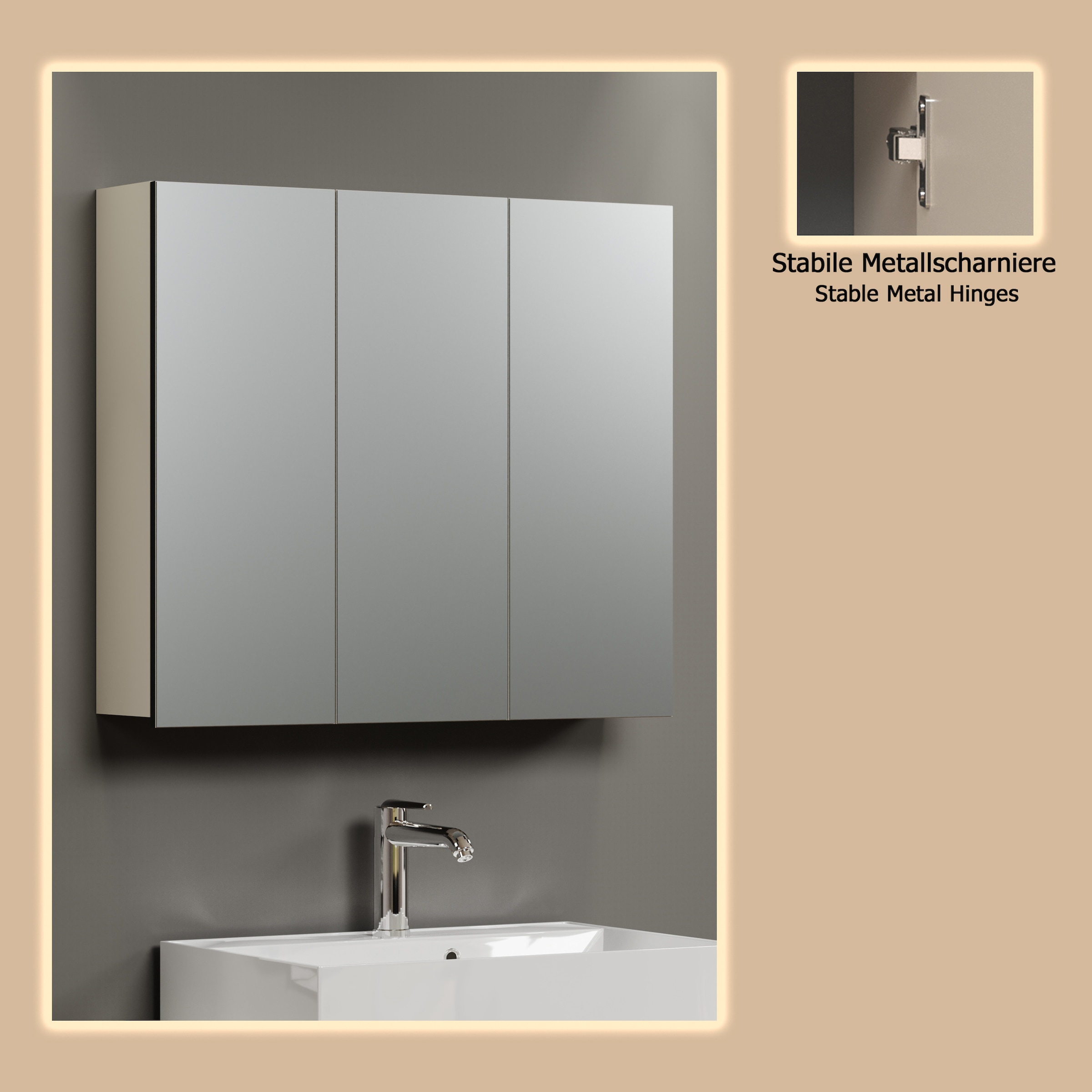 welltime Spiegelschrank »Amrum« 1 Stk. tlg. 3-Türiger Badspiegel mit Stauraum - Maße (B/T/H) 90/20/80 cm