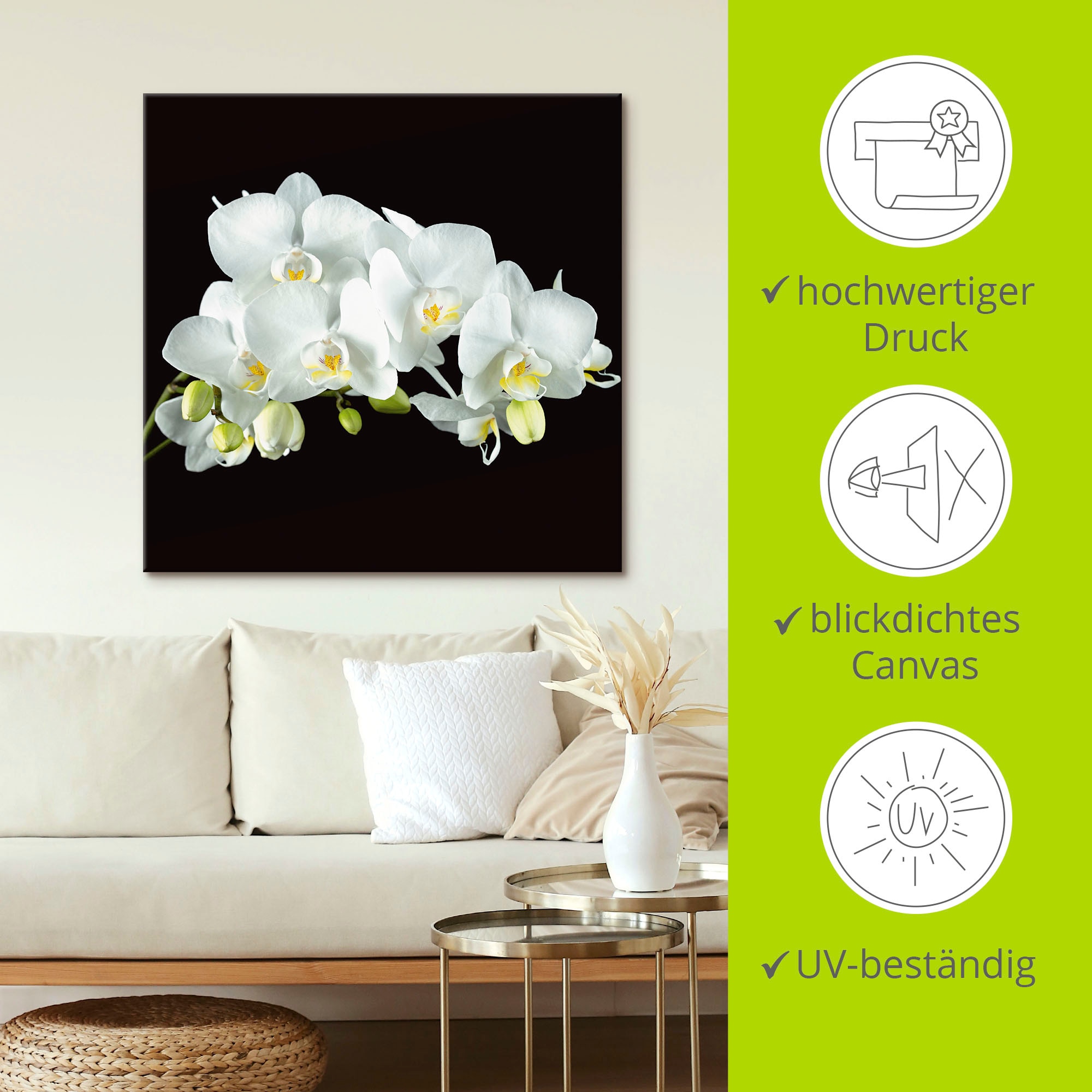 Artland Leinwandbild »Weiße Orchidee auf schwarzem Hintergrund« Blumen 1 Stk. tlg. auf Holzrahmen gespannt