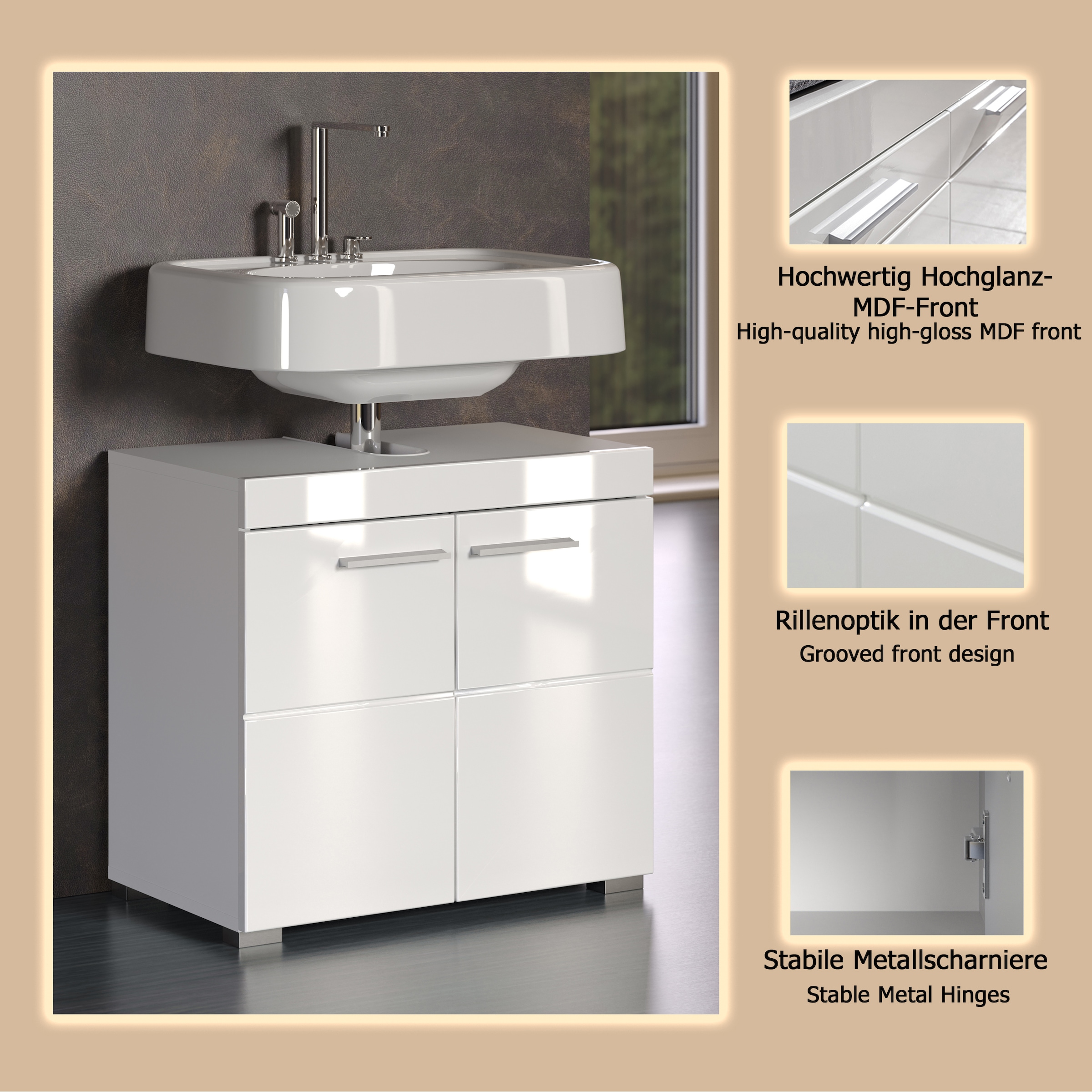 welltime Waschbeckenunterschrank »Avena« Waschtisch 2türig- Aussparung 26/8 cm - (B/T/H) 60/34/56 cm