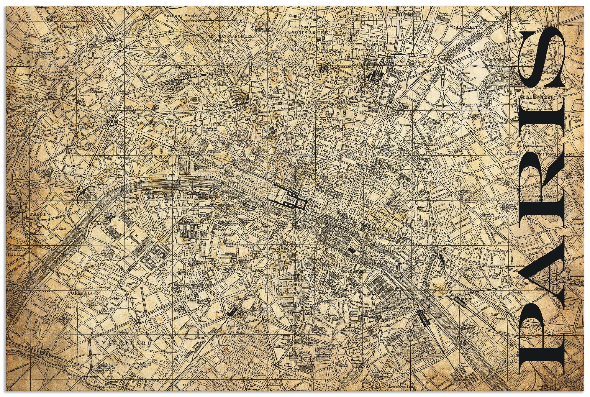 Artland Wandbild »Paris Karte Straßen Karte Sepia«, Frankreich, (1 St.), in vielen Größen & Produktarten - Alubild / Outdoorbild für den Außenbereich, Leinwandbild, Poster, Wandaufkleber / Wandtattoo auch für Badezimmer geeignet