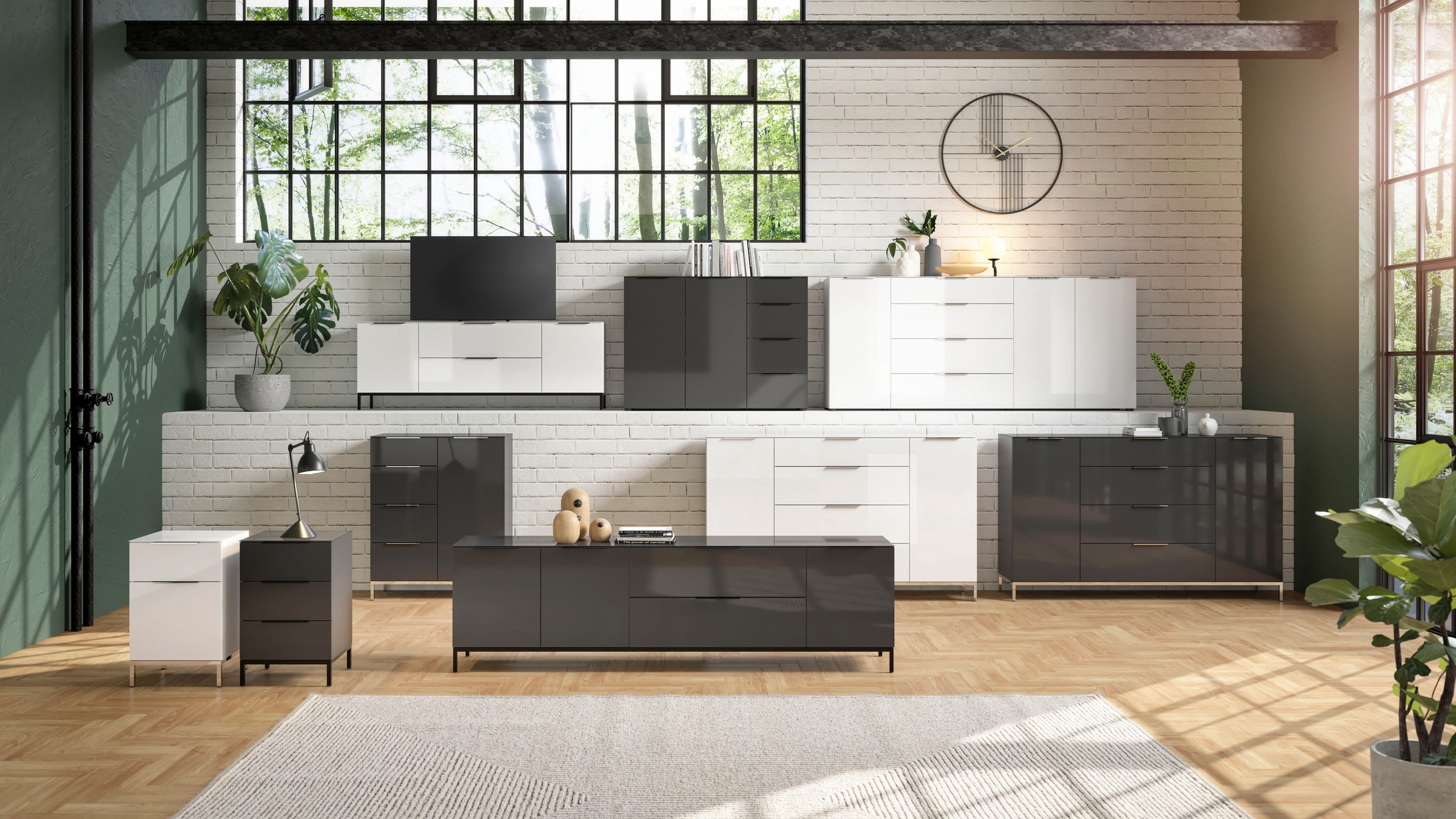 Manjana Möbel Nachtkommode »mit Chrom oder Schwarz matten Metallgriffen« mit Glasfronten, melaminbeschichtete Oberfläche, mit Vollauszug