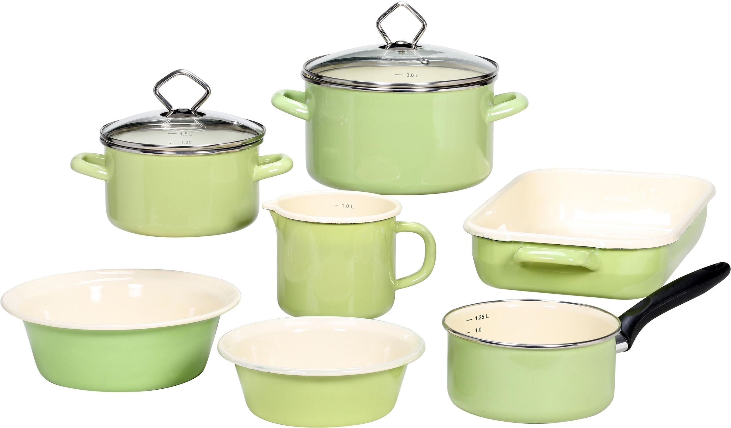 Krüger Topf-Set »Juist« Emaille Set, Kochtopf 16/20 cm, Kasserolle 16 cm, Milchtopf 12 cm, Pfanne 32x22 cm, 9 Stk. tlg. Induktion in grün