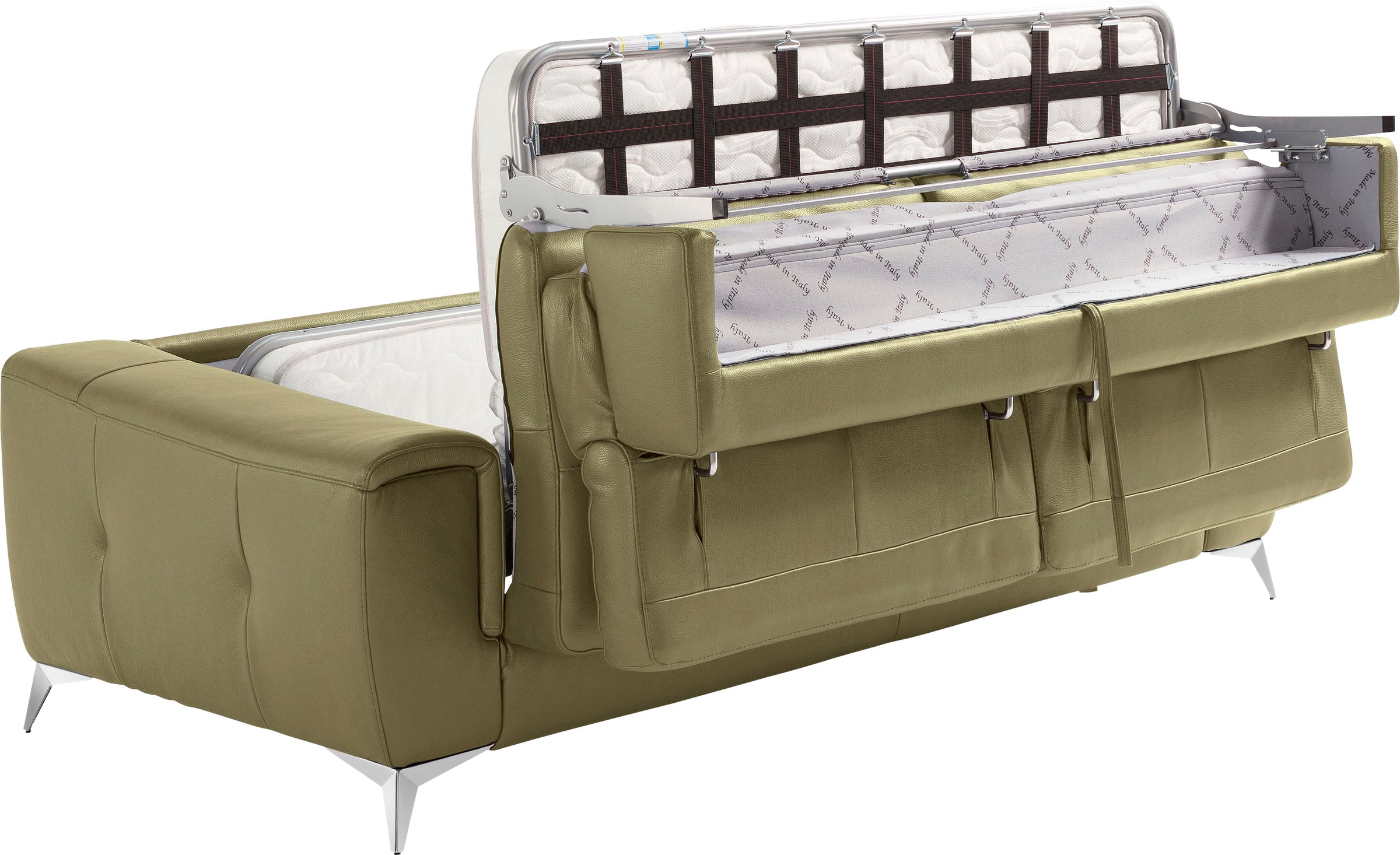 Egoitaliano Schlafsofa »Francine Designsofa, Loungesofa mit Dauerschlaffunktion, Breite 233 cm«, mit Bettfunktion, Leder BULL, salbei, Fußfarbe chrom
