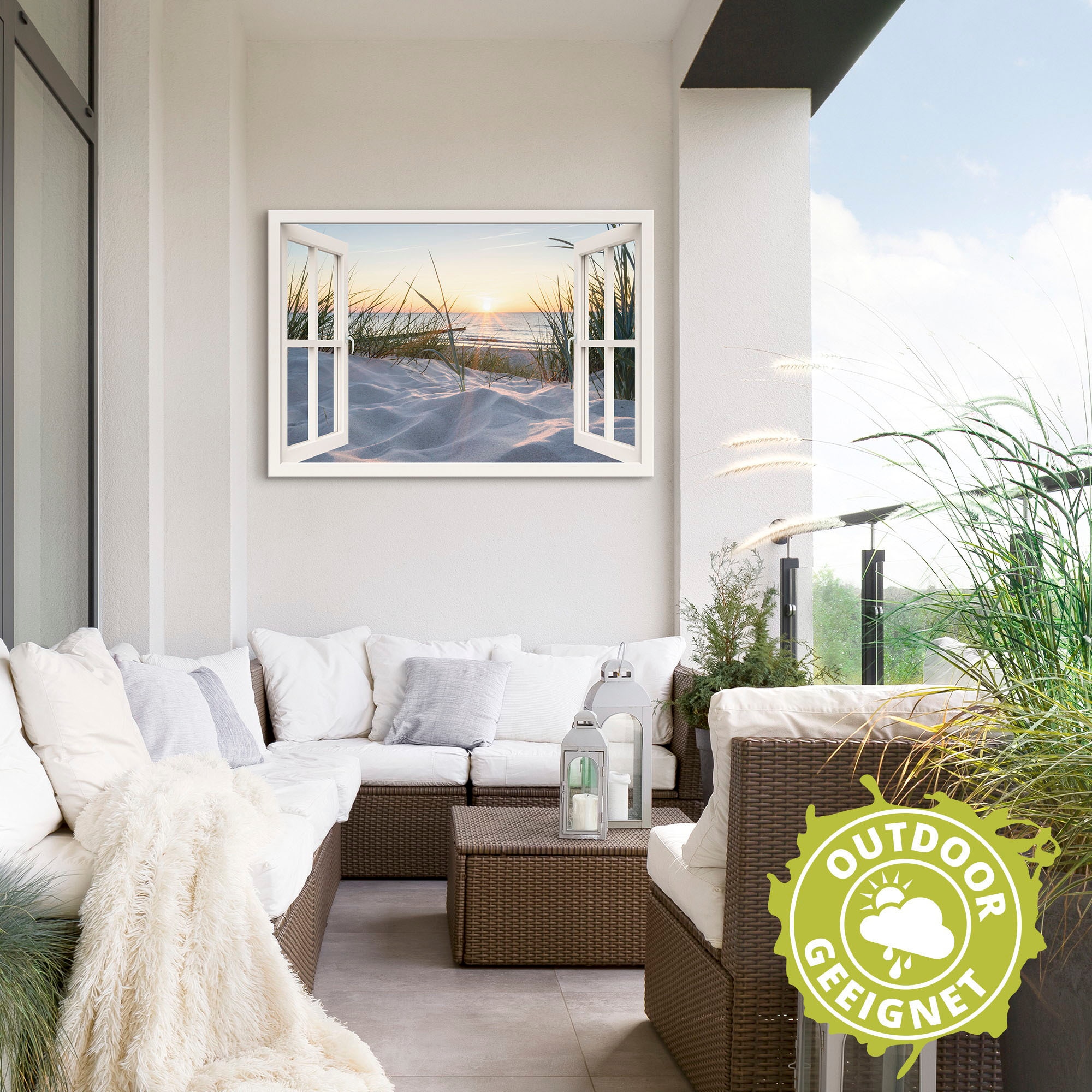 Artland Wandbild »Ostseestrand durchs Fenster«, Meer Bilder, (1 St.), als Alubild, Outdoorbild, Leinwandbild, Poster, Wandaufkleber