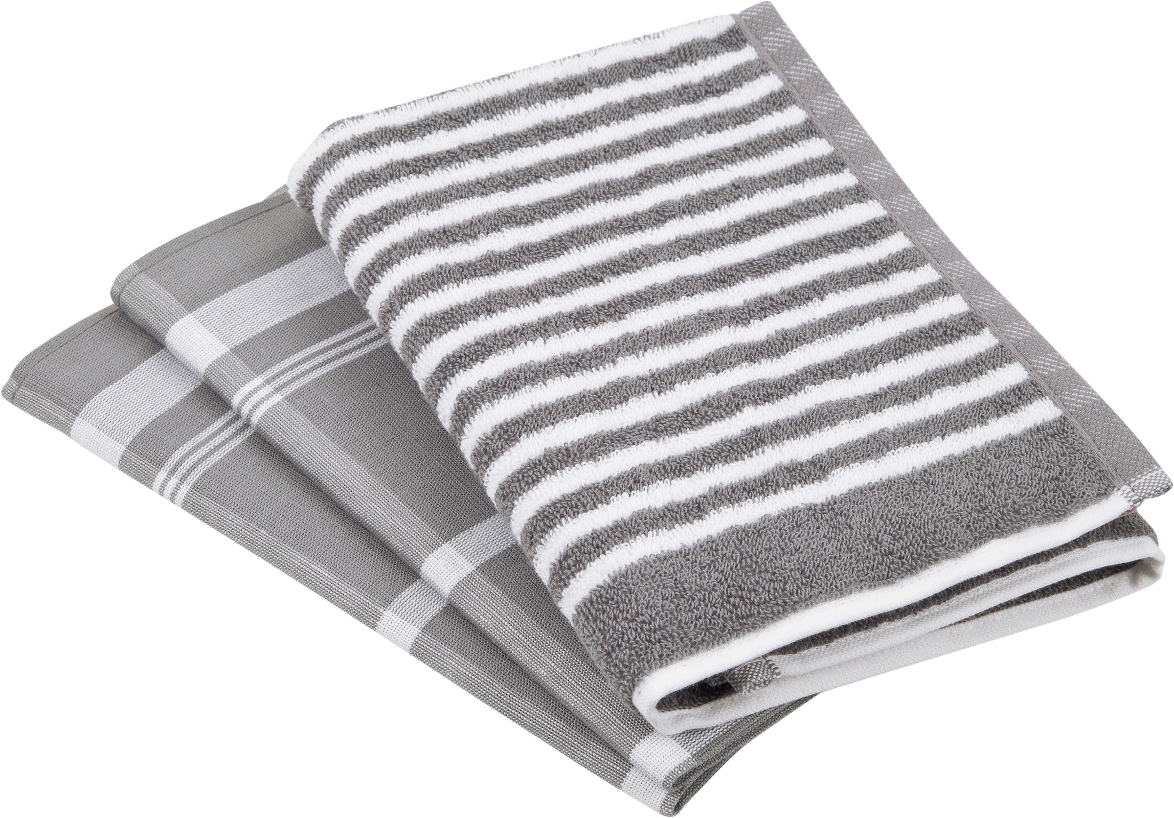 ROSS Geschirrtuch »Exclusiv«, (Set, 3 tlg.), 1x Küchen-Frottiertuch (Streifen) und 2 Geschirrtücher (Karodesign)
