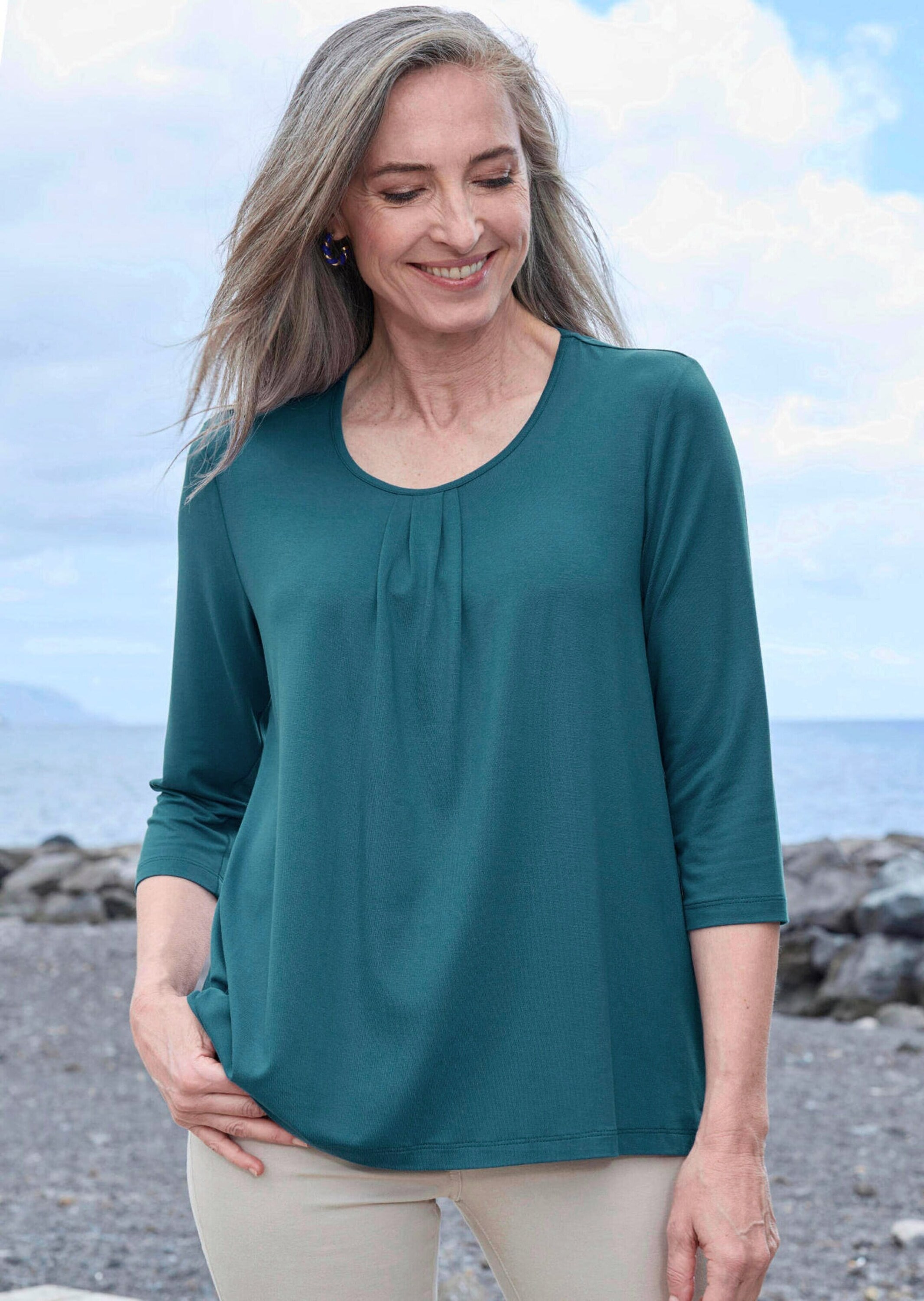 GOLDNER Kurzarmshirt »Kurzgröße Viskose-Oberteil mit Halbarm« Falten