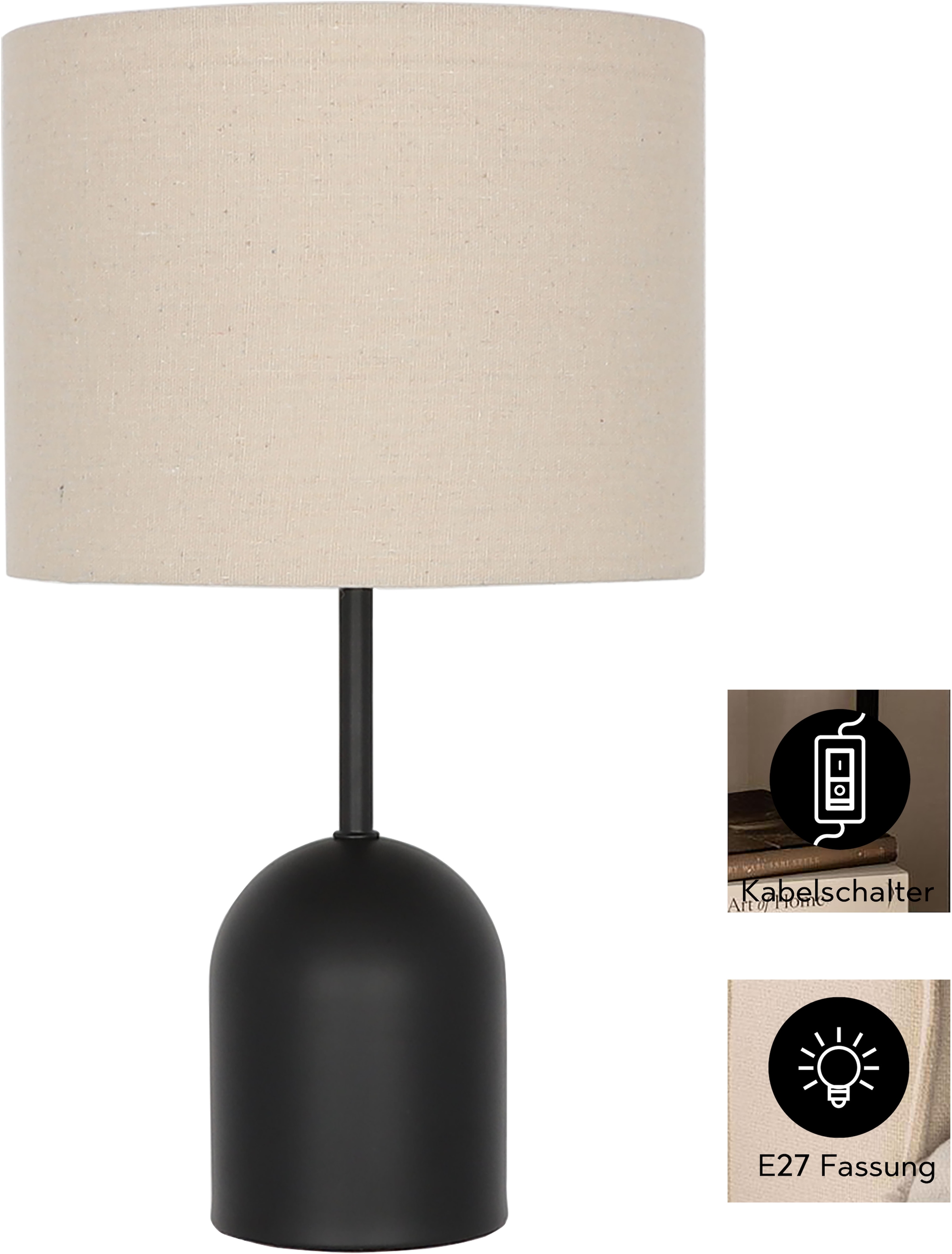 OTTO home Tischleuchte »Charleen« E27 1 Stk. LED max. 6 Watt, Metallfuß, Leinenschirm Ø 23 cm