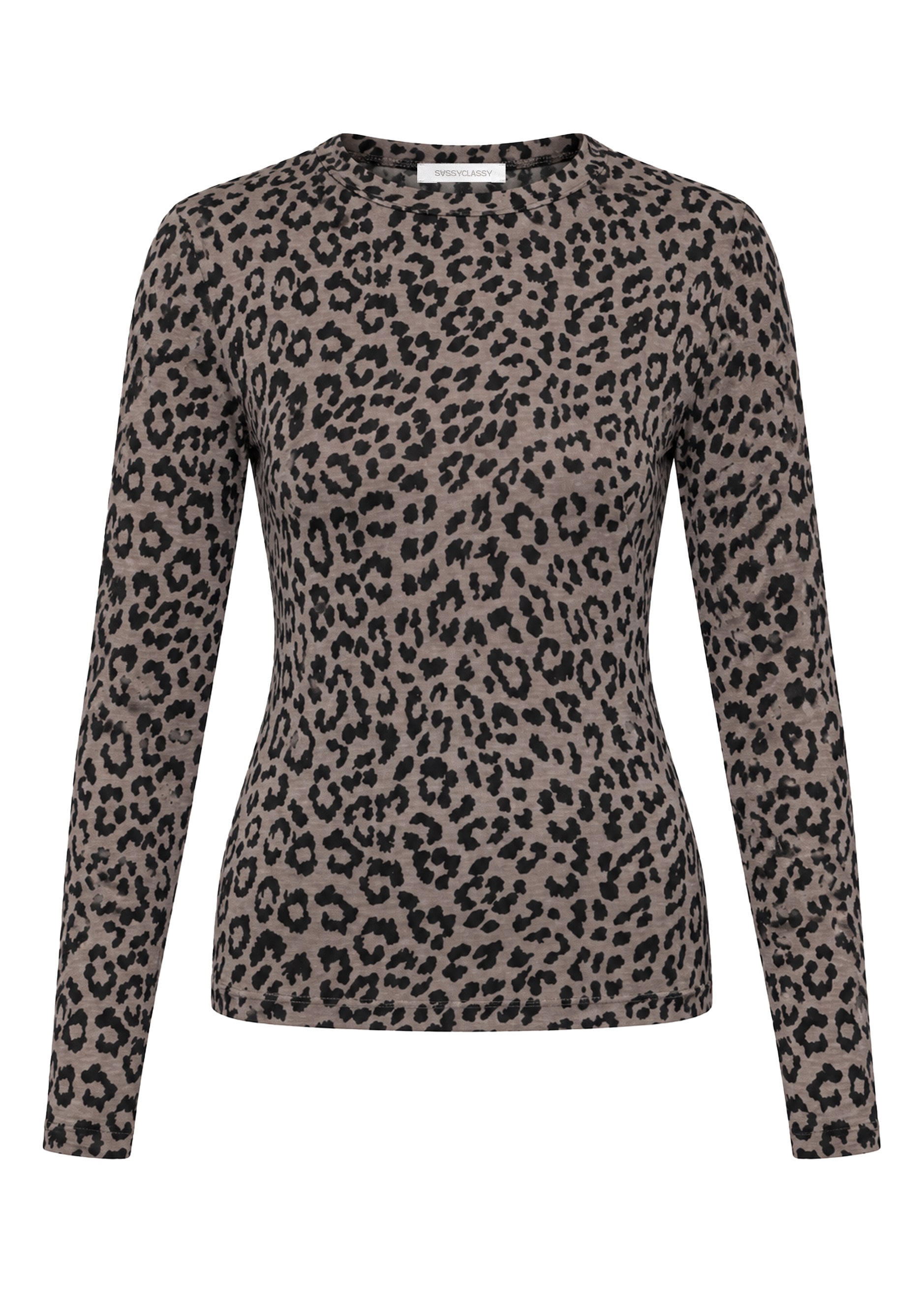 SASSYCLASSY »Langarmshirt mit Leo-Print« Körpernah geschnittenes Shirt mit Rundhals und Animalprint in Beige