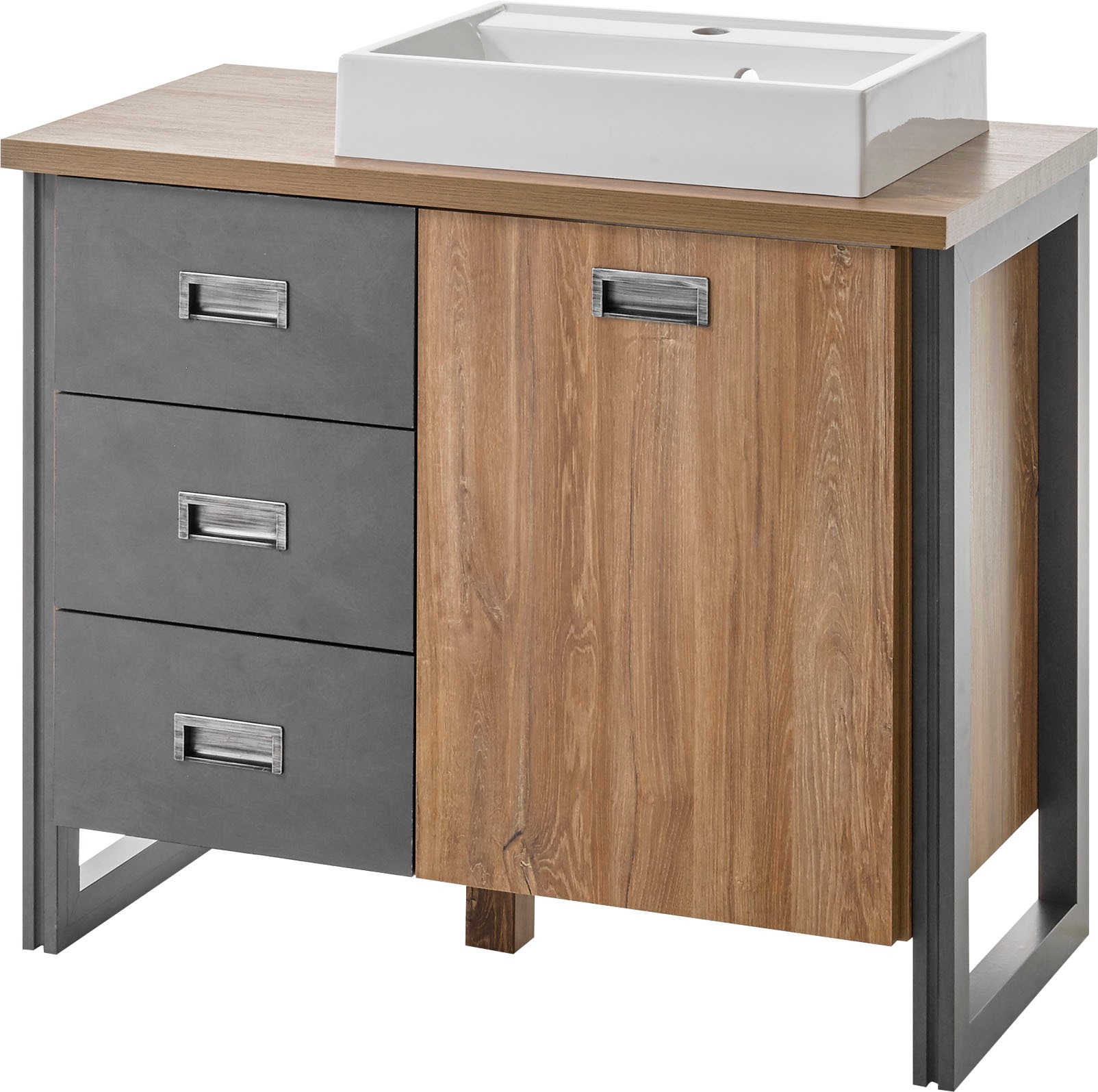 Home affaire Waschtisch »Detroit, Unterschrank mit Apothekergriff, Badschrank, Industrialdesign«, Eiche Dekor, mit Stauraum, inkl. Mineralguss-Waschbecken, Breite 91 cm
