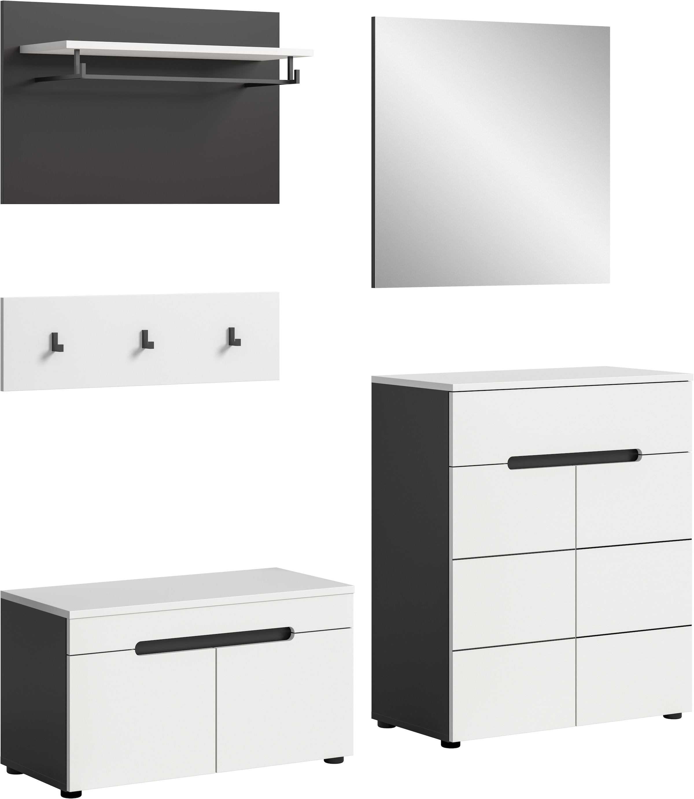 Home affaire Garderoben-Set »REHAT, TOPSELLER!, 5-teilig, Breite 175cm, individuell stellbar« bestehend aus: Sitzbank, Paneel, Hakenleiste, Spiegel, Kommode, 4 Stk. tlg.