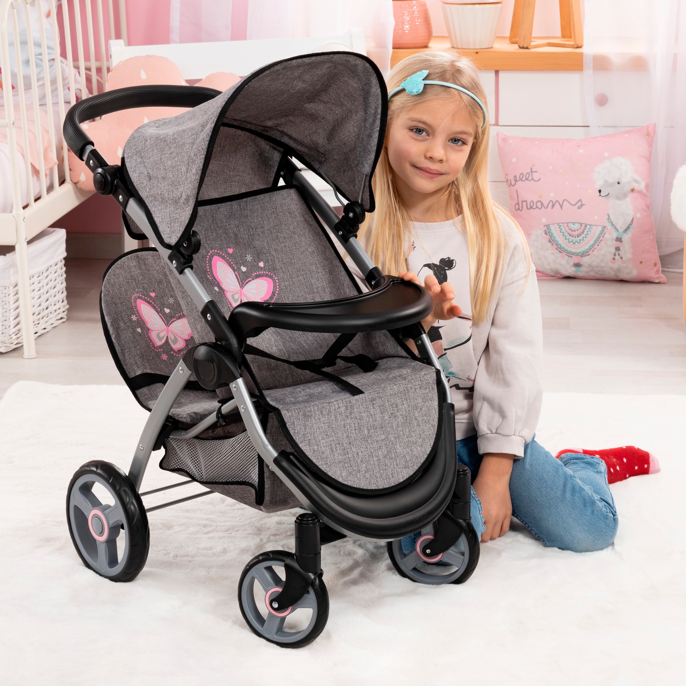 Bayer Puppen-Zwillingsbuggy »Twin Star, grau/rosa«, mit Wickeltasche