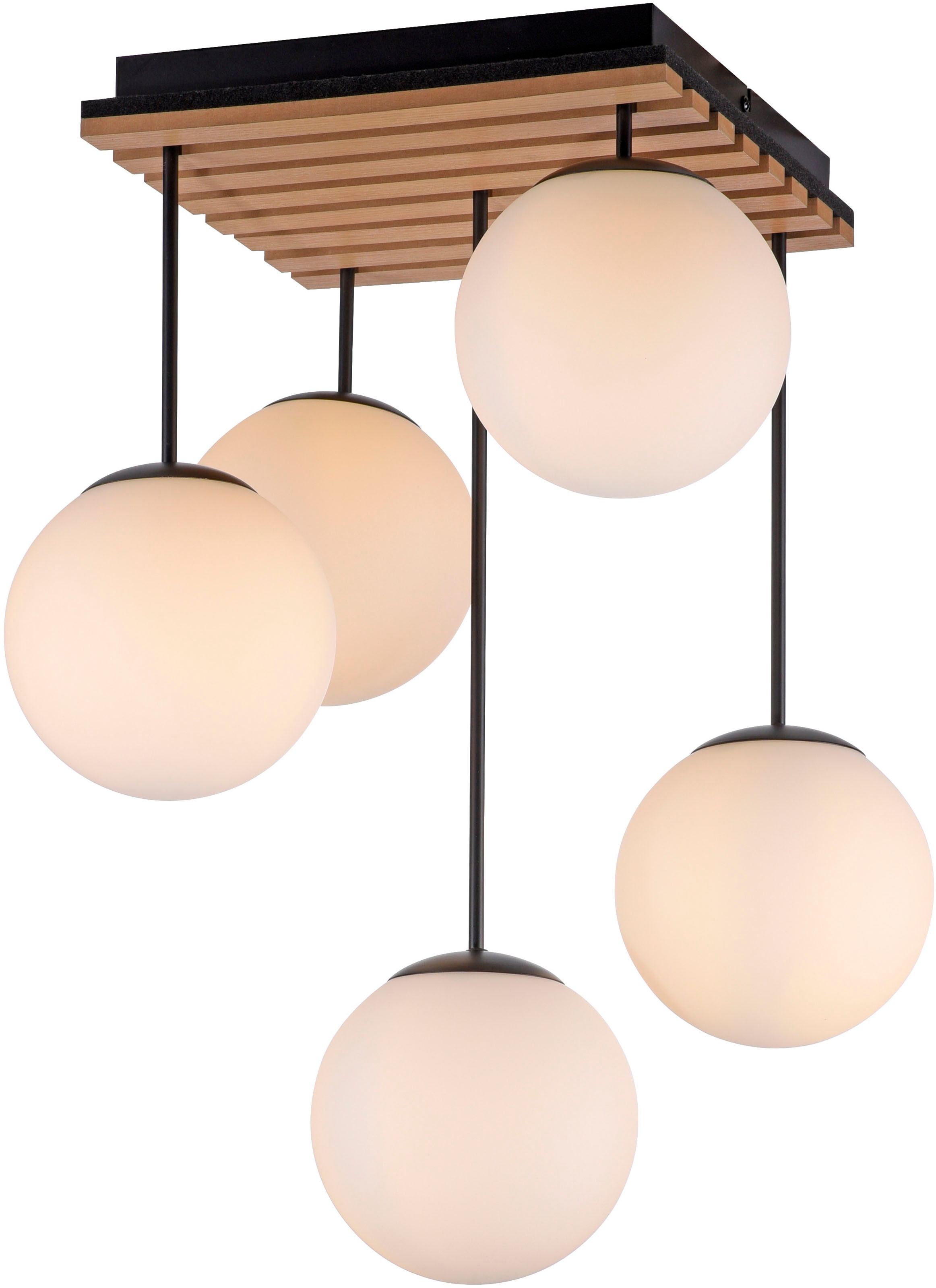 my home Deckenleuchte »Erinette Akustikpaneele mit Glaskugeln«, 5 flammig, Leuchtmittel E14 | ohne Leuchtmittel-Leuchtmittel wechselbar, Holz, Akustik, Paneele, Glas, Deckenlampe E14