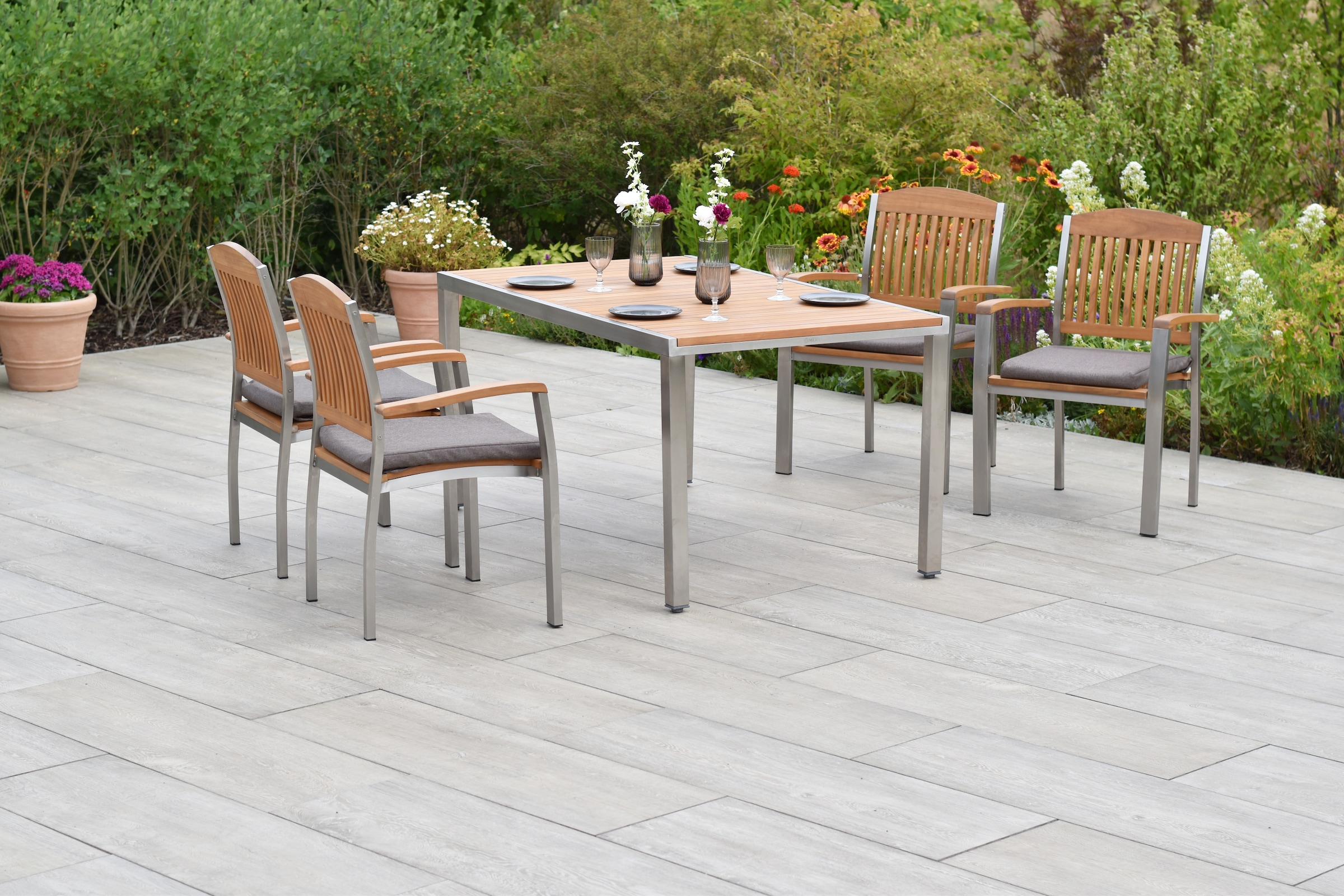 MERXX Garten-Essgruppe »»Keros««, (Set, 9 tlg., Inkl. Sitzkissen, Edelstahlgestell), Tisch: LxB: 150x90 cm