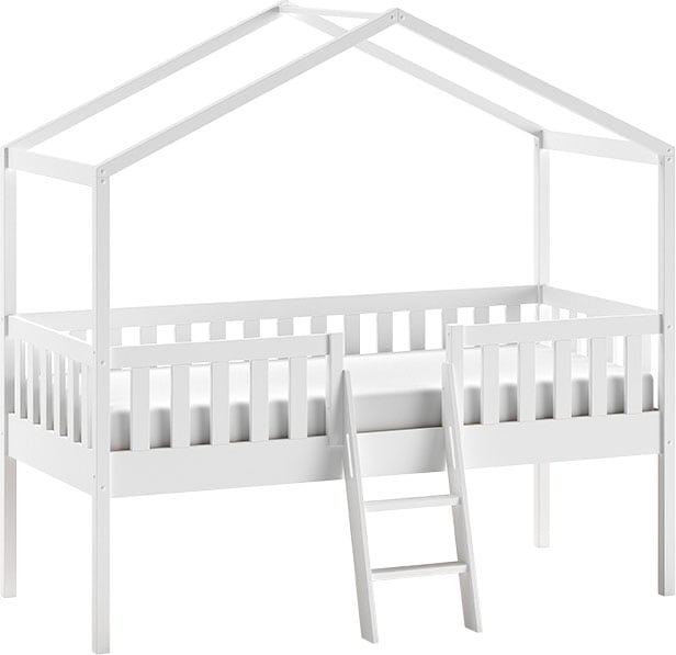 Vipack Hausbett »Kiefer massiv weiß lackiert, Made in Europe, stabil gebaut«, (B/H/T ca. 213x201,8cm, wahlweise mit und ohne Rutsche), mit Leiter, offenem Dach, Rolllattenrost und Absturzschutz