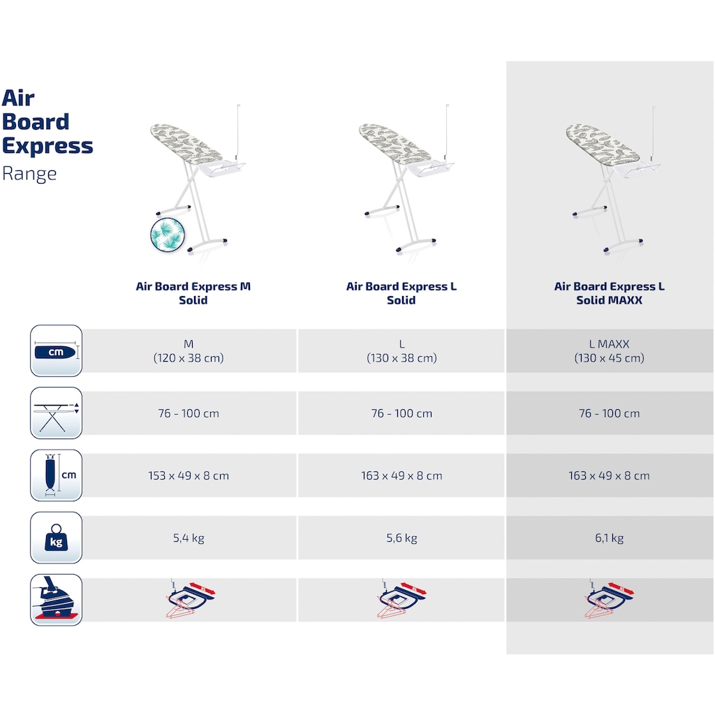 Leifheit Bügelbrett »AirBoard Express L Solid MAXX«, Bügelfläche 130 cmx45 cm