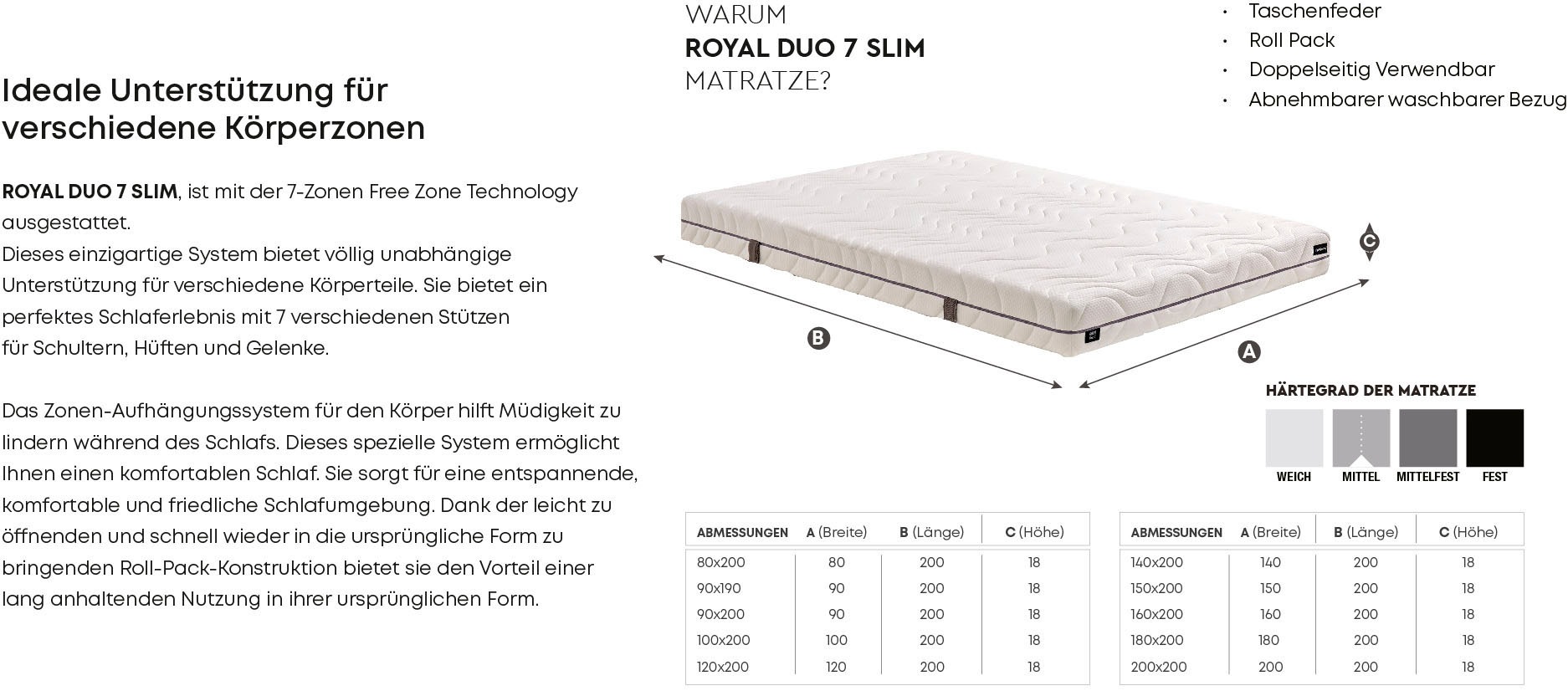Yatas Bedding Taschenfederkernmatratze »Royal Duo 7 Slim, Matratze 90x200, 140x200 cm & weitere Größen«, 18 cm hoch, Raumgewicht: 28 kg/m³, 434 Federn, (1 St., 1-tlg.), 7-Zonen, H2 / H3, Wendematratze, ergonomisch, atmungsaktiv