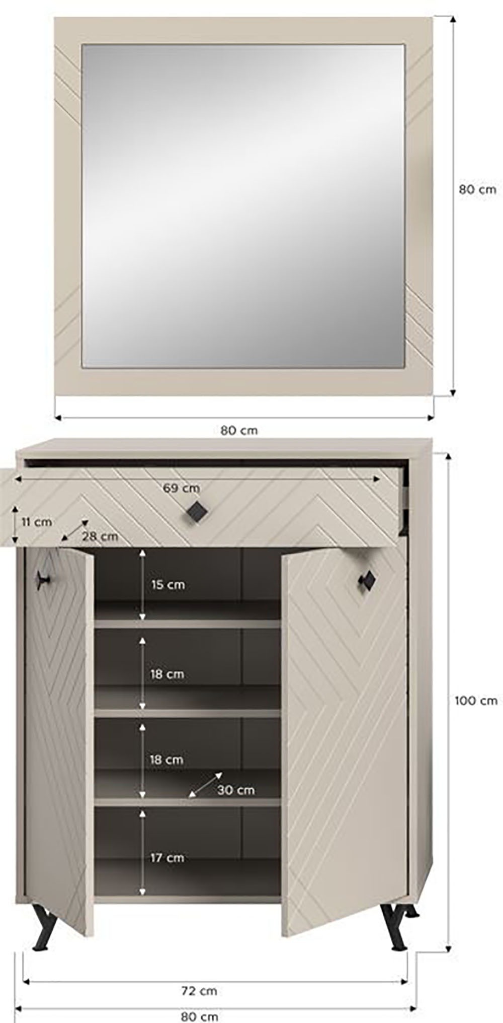 INOSIGN Garderoben-Set »Mento, 2-teilig, Ornamentfräsung in der Front, bestehend aus:«, (Set, 2 St.), Schuhkommode & Spiegel, Metall Knopfgriffe & Y-Füße