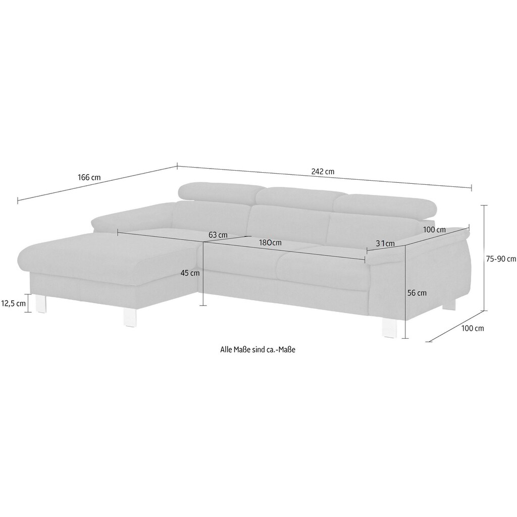 COTTA Ecksofa Komaris, Ecksofa, wahlweise mit RGB-LED-Beleuchtung und Bettfunktion/Bettkasten