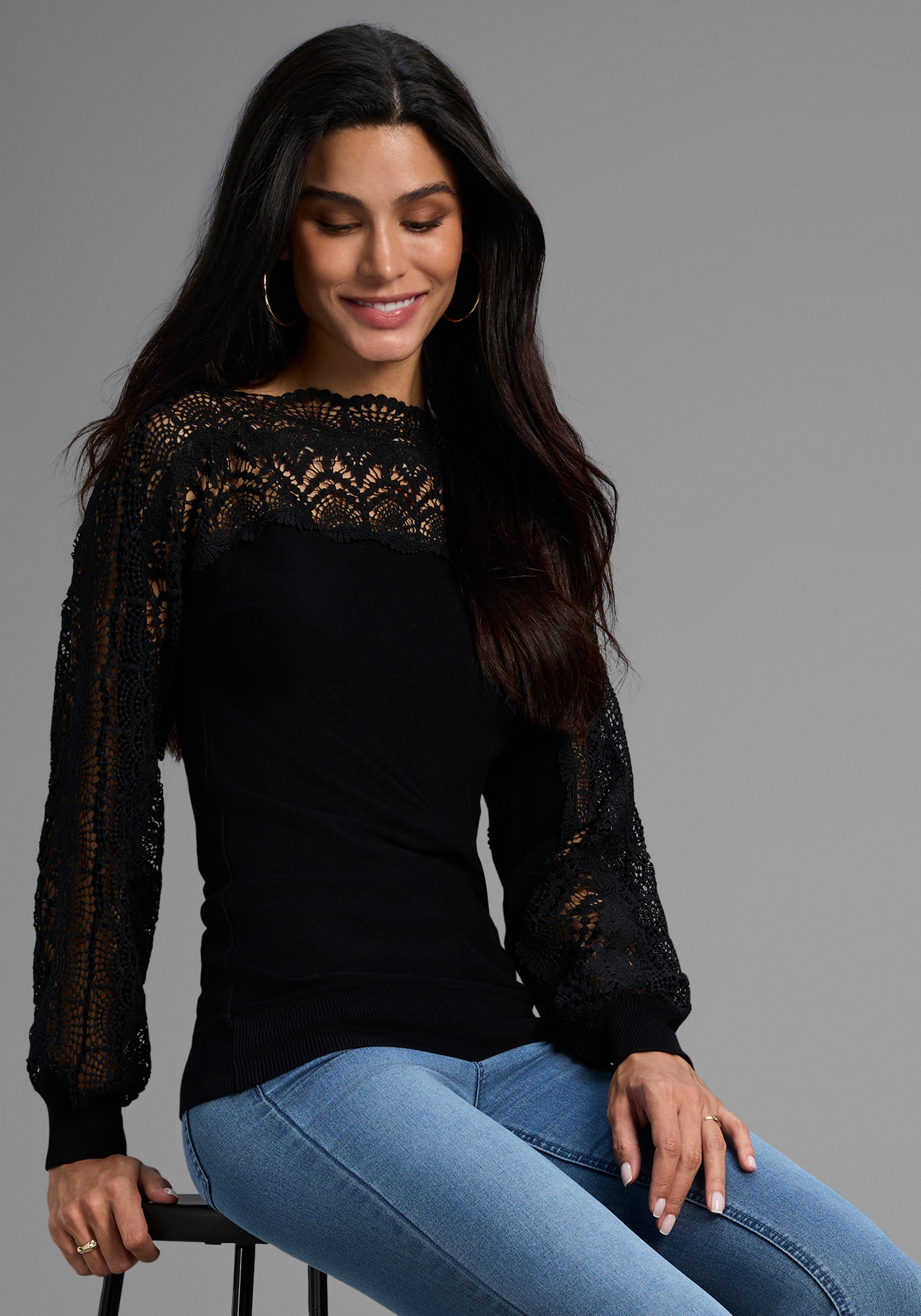 Bruno Banani Strickpullover, mit Spitze auf Ärmel und Schulter - NEUE KOLLEKTION