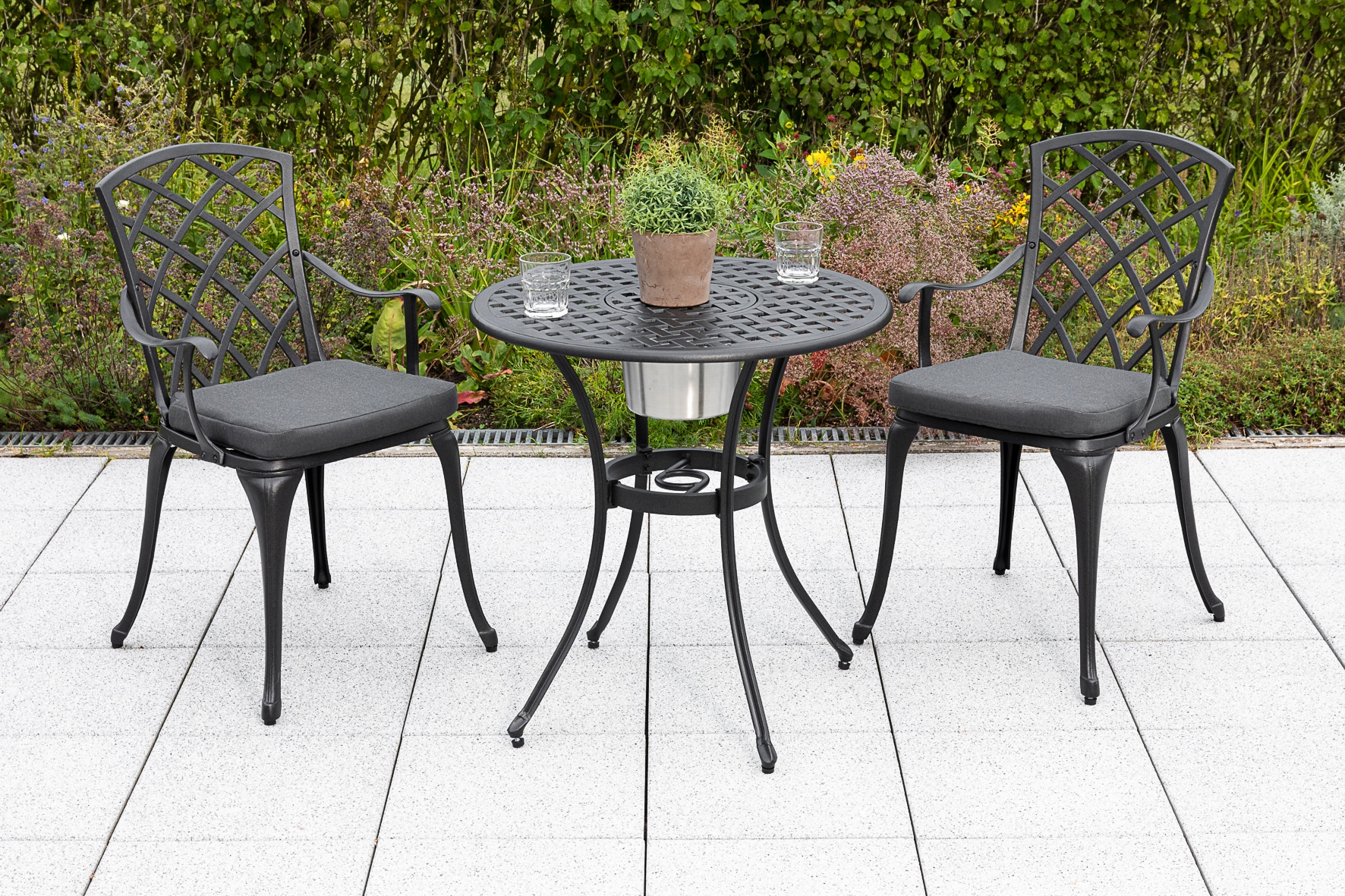 MERXX Garten-Essgruppe »»Rhodos««, (Set, 5 tlg., Aluminiumguss, Inkl. Auflagen), Tisch: Øx H: 70x70 cm