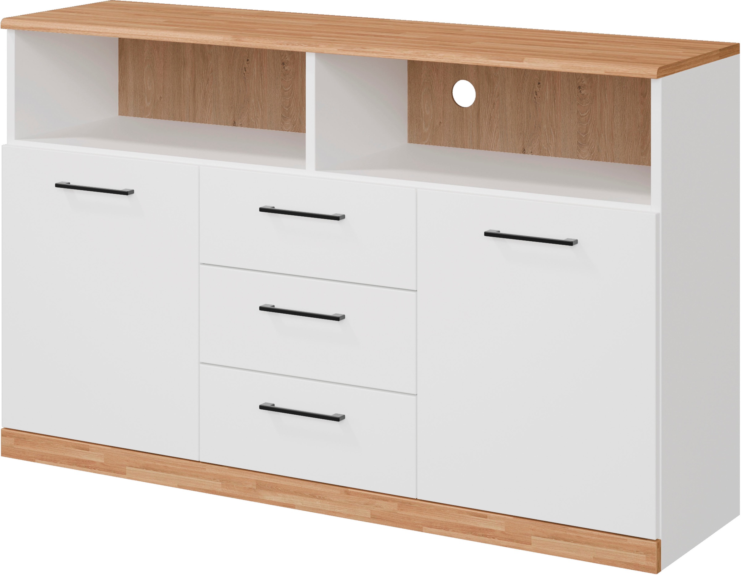 Home affaire Sideboard »Ribe,130cm breit,80cm hoch, 6 Fächer«, Oberplatte Eiche massiv,schwarze Metall Griffe