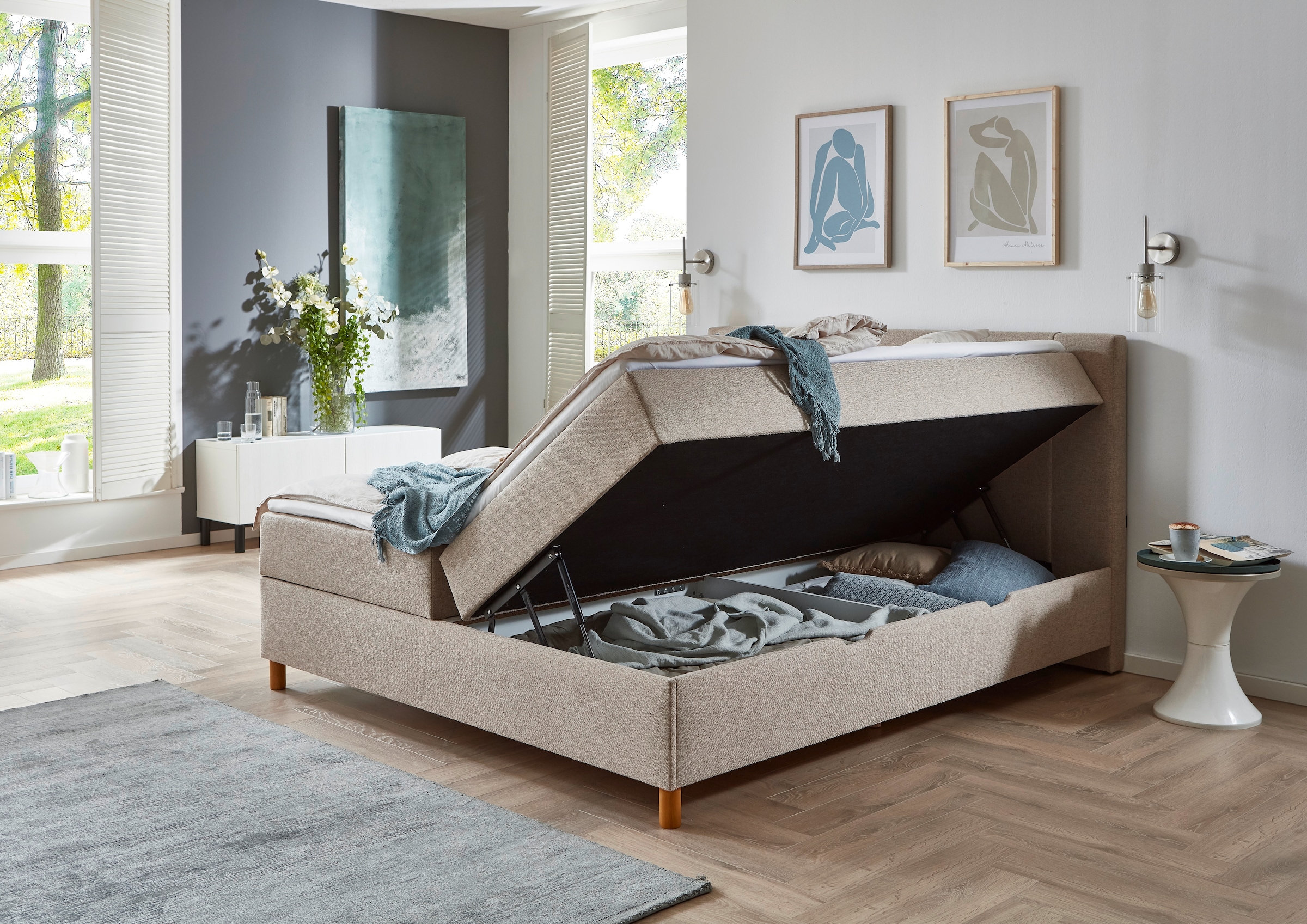 INOSIGN Boxbett »Escalon II, Boxbett mit Bettkasten, inklusive Topper«, Bett erhältlich in den Breiten 120x200cm und 180x200cm, mit Holzfüßen