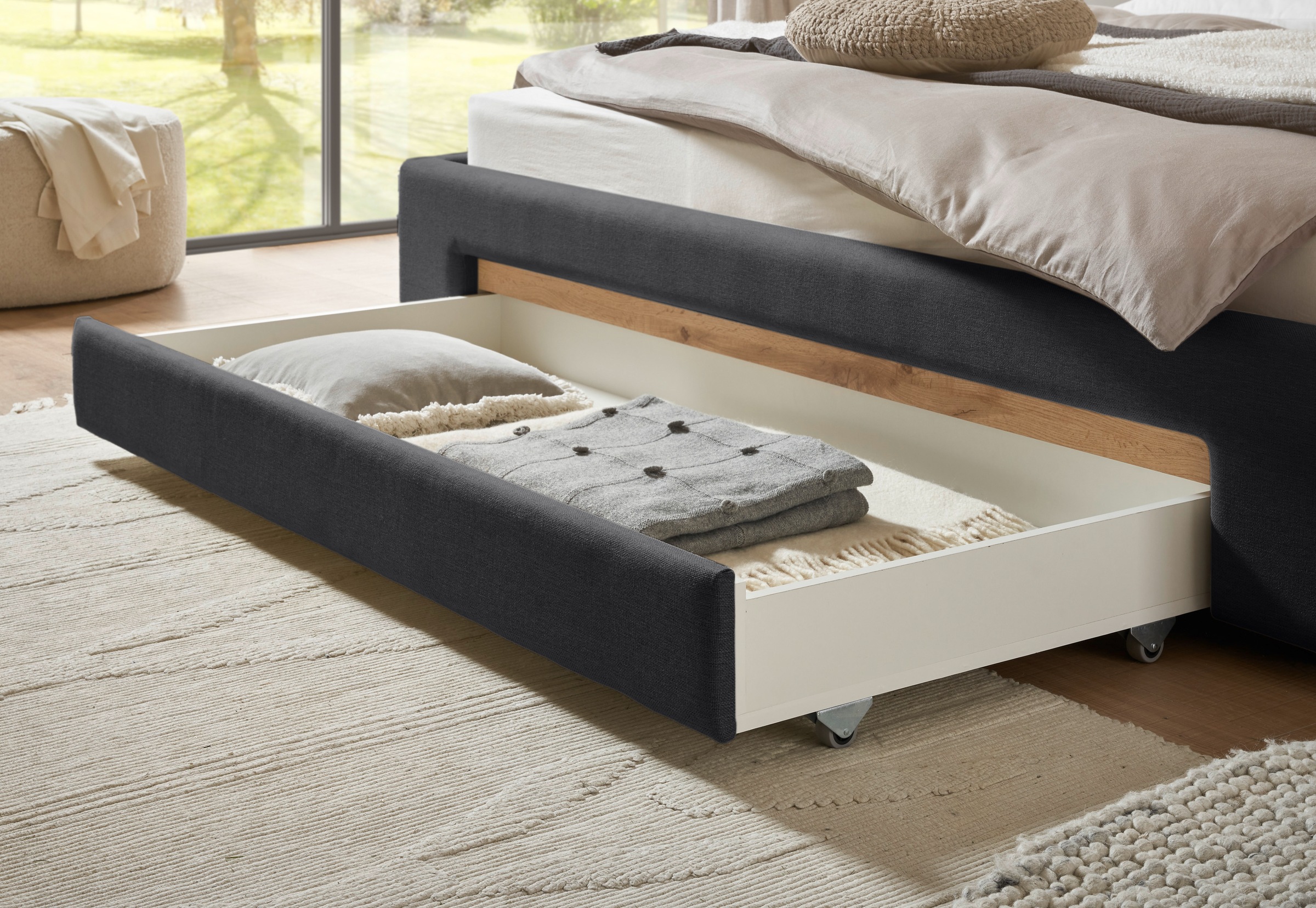 INOSIGN Polsterbett »CiTY/GiRON, Bettgestell mit Bettkasten, gepolstertes Stauraumbett«, mit Hundebett oder Stauraumschublade, Bezug Cord-oder Leinenoptik