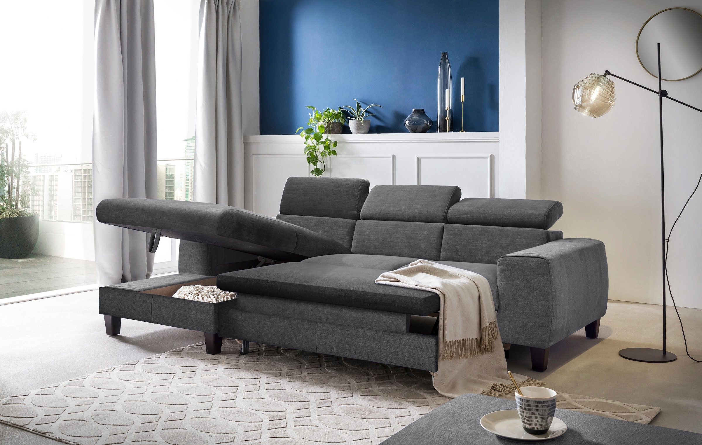 COTTA Polstergarnitur »Morven L-Form«, (Set), Set bestehend aus: Ecksofa mit Kopfteilverstellung & Hocker