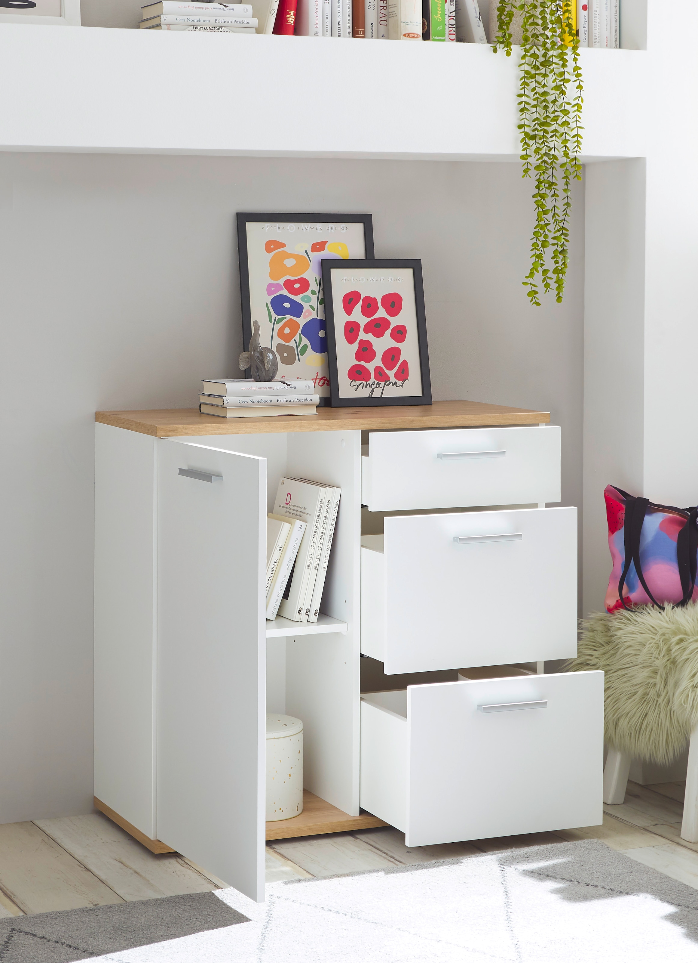 HBZ Kommode »BC1035 weiß matt, BxHxT 95x86x38 cm«, Kommode mit 1 Tür, 3 Schubkästen, 1 Einlegeboden