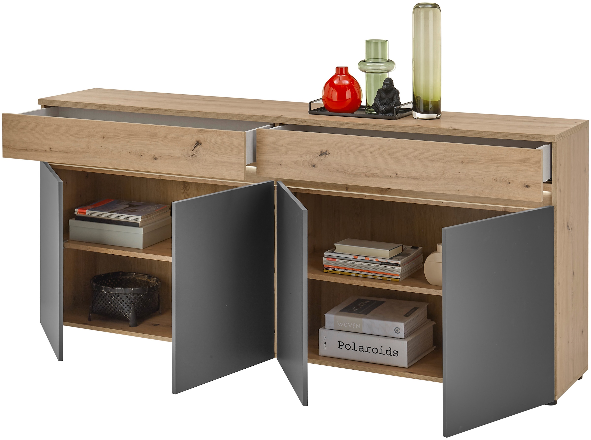 HBZ Sideboard »Lille inkl. LED-Beleuchtung, BxHxT 200x86x38 cm«, (1 St.), Mit 4 Türen, 2 Schubkästen, 2 Einlegeböden