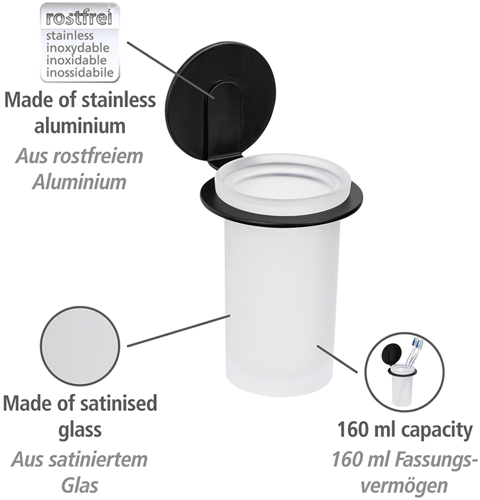 WENKO Zahnputzbecher »Turbo-Loc® Modell Bivio«, mit Wandhalterung ohne Bohren, Aluminium, satiniertes Glas