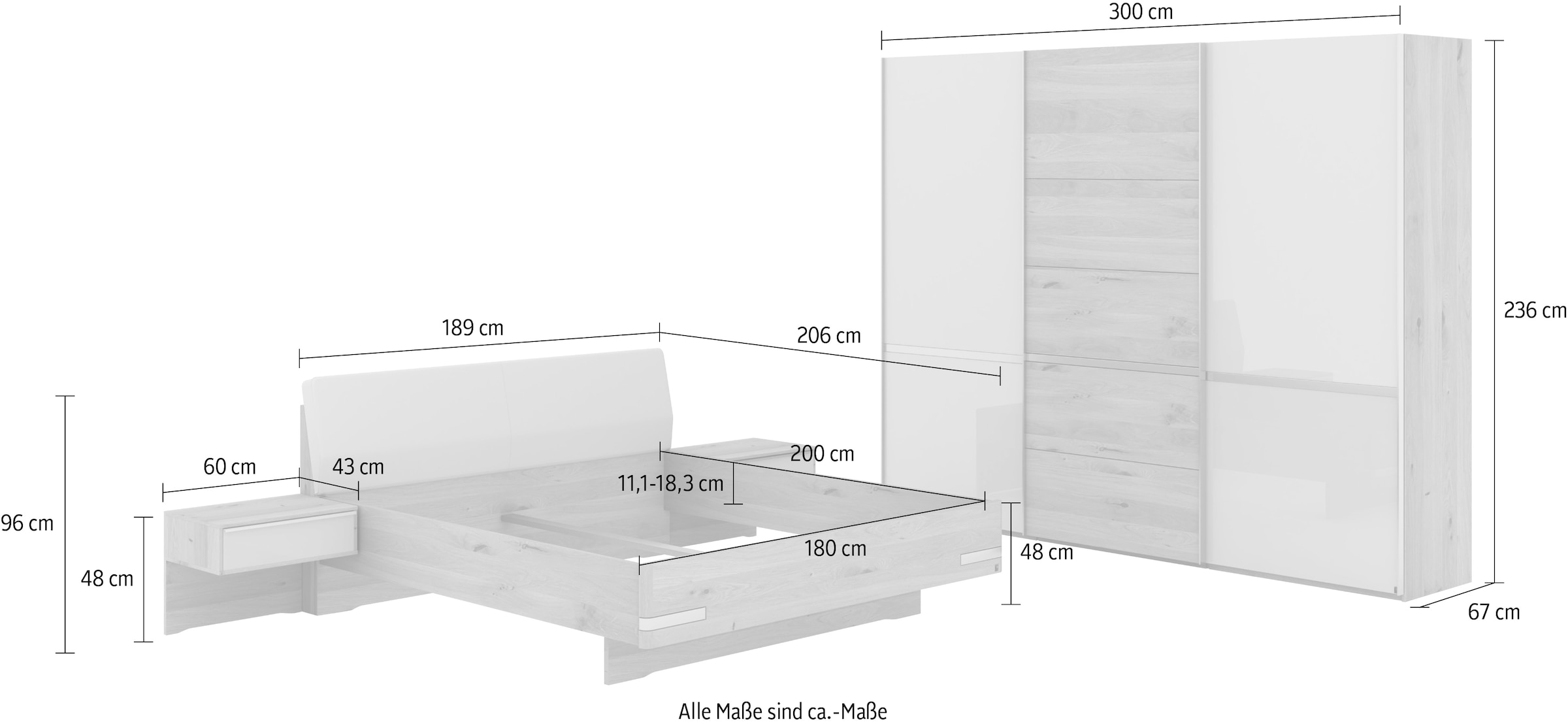 Musterring Schlafzimmer-Set »Savona, Kleiderschrank, Bett & Nachtkommoden, teilmassiv Bianco-Eiche«, (2er-Set Nachtschränke, Schwebetürenschrank, Bett 180x200 cm), Kopfteil Bett Kunstleder Champagner, Schrank mit Eiche- und Glastüren