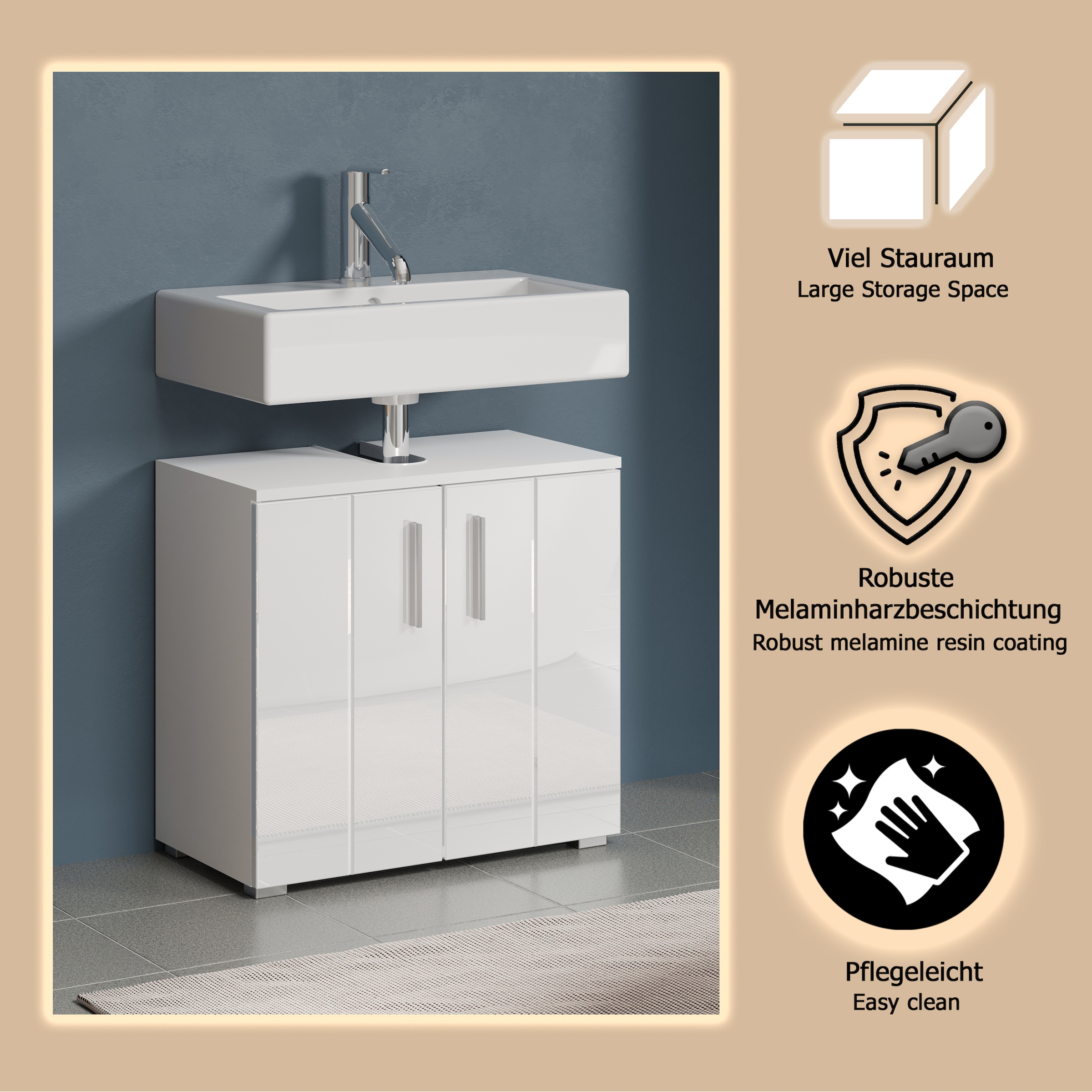 welltime Waschbeckenunterschrank »Prag« 1 Stk. tlg. Waschbeckenunterschrank mit 2 Türen - (B/T/H) 60/34/58 cm