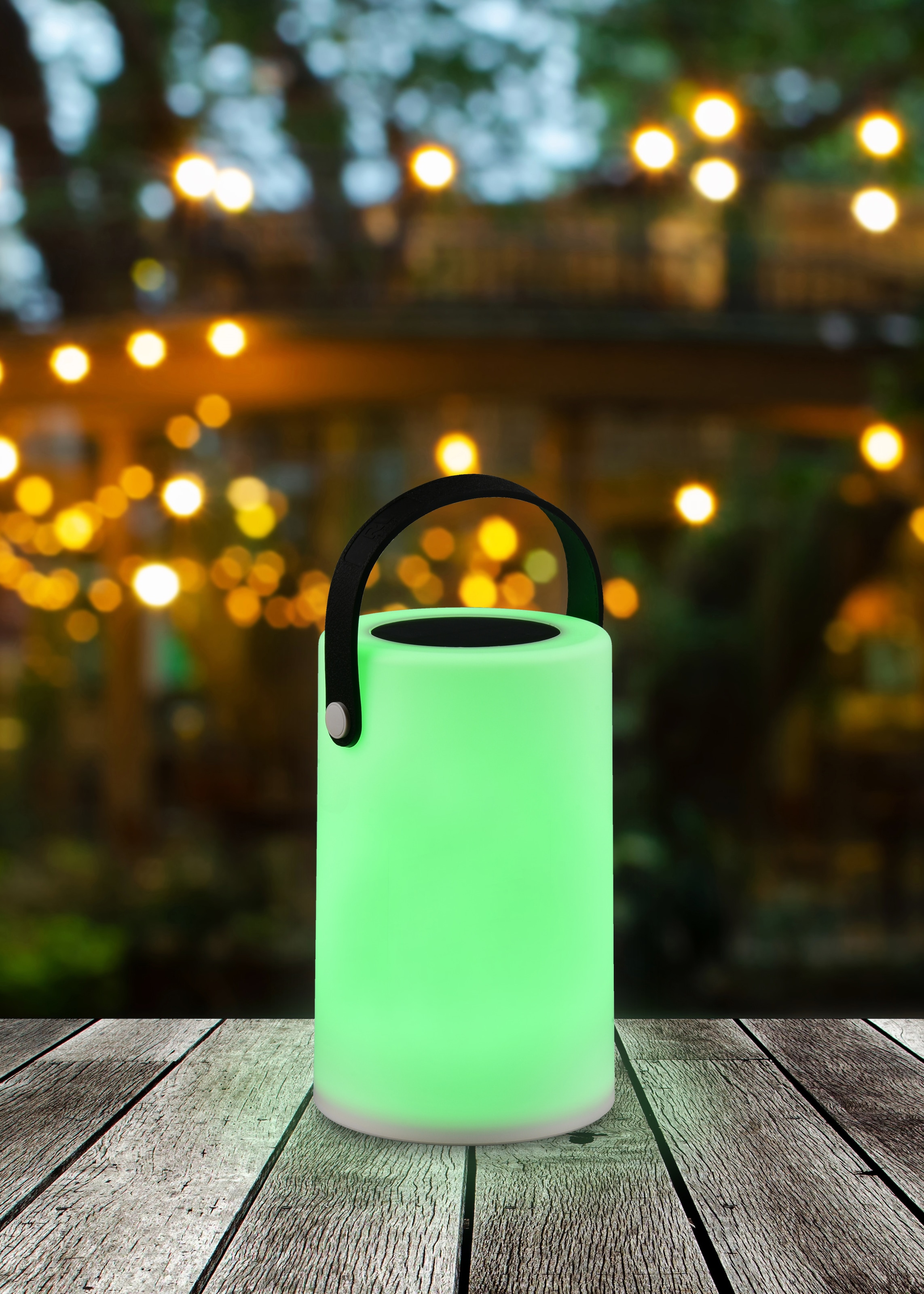 REALITY Leuchten LED Außen-Tischleuchte »GARCIA, Outdoor Tischlampe mit Tragegriff, Akku Solarbetrieb, IP44« LED-Board 1 Stk. Warmweiß USB-Ladeanschluss, RGBW Farbwechsel, Höhe 20 cm Ø 13cm, Schalter