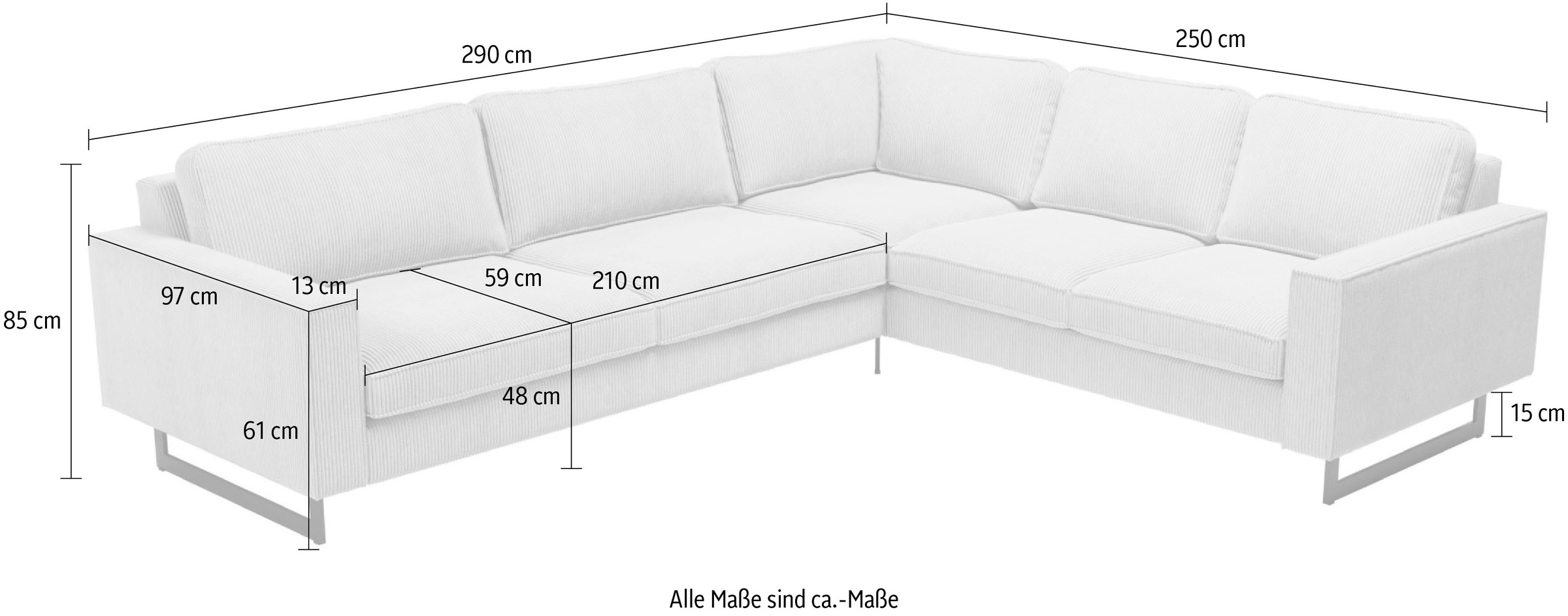 Places of Style Ecksofa »Pinto, XXL, 250/290 cm, langer Schenkel, Ottomane«, Cord, Chenille, Lederoptik, mit Keder, Metallfüße, Wellenunterfederung